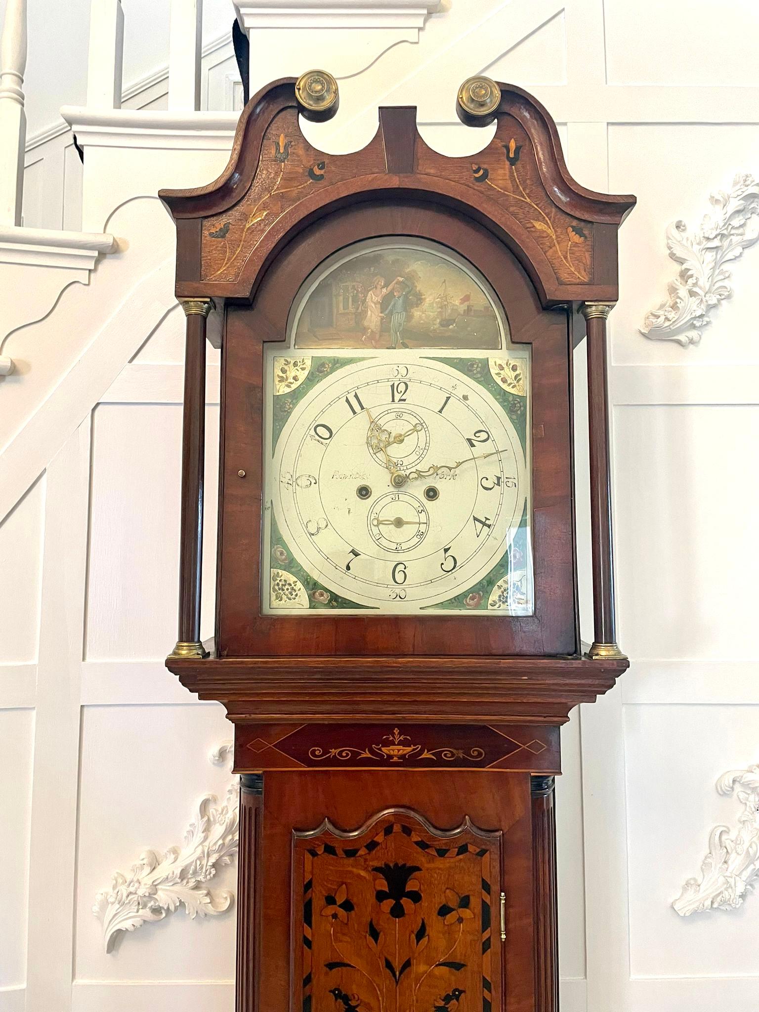 English Outstanding Antique Inlaid Marquetry Oak and Mahogany George III Longcase Clock 