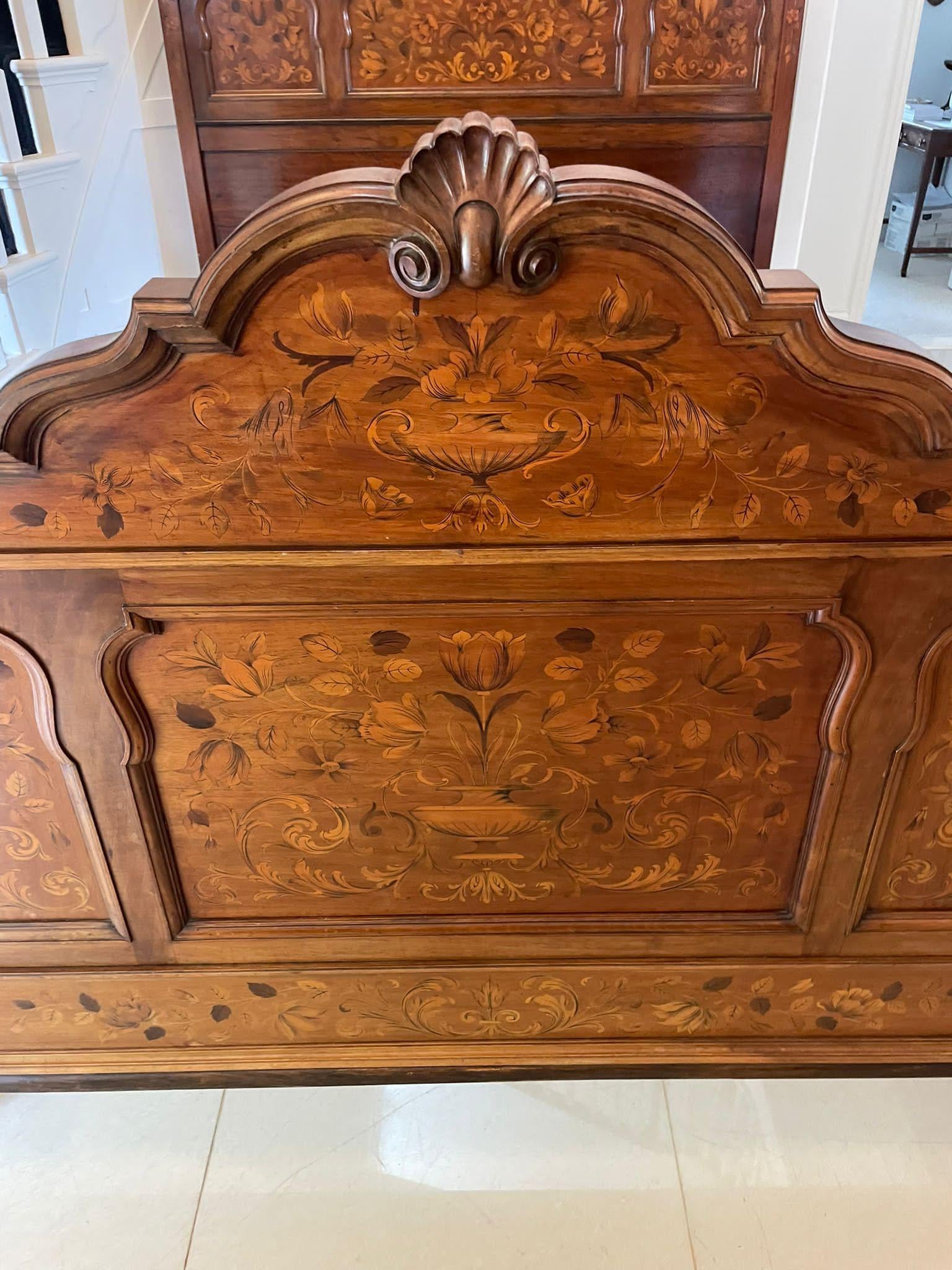 Outstanding Quality King Size Antique Figured Walnut Floral Marquetry Inlaid Bed For Sale 3