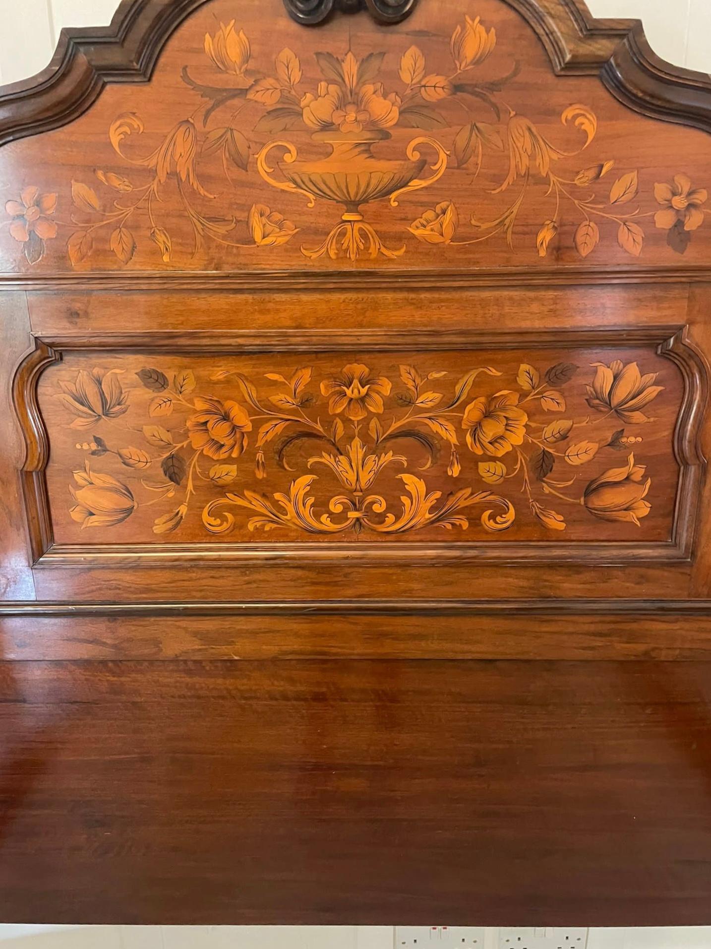 Outstanding Quality King Size Antique Figured Walnut Floral Marquetry Inlaid Bed For Sale 5