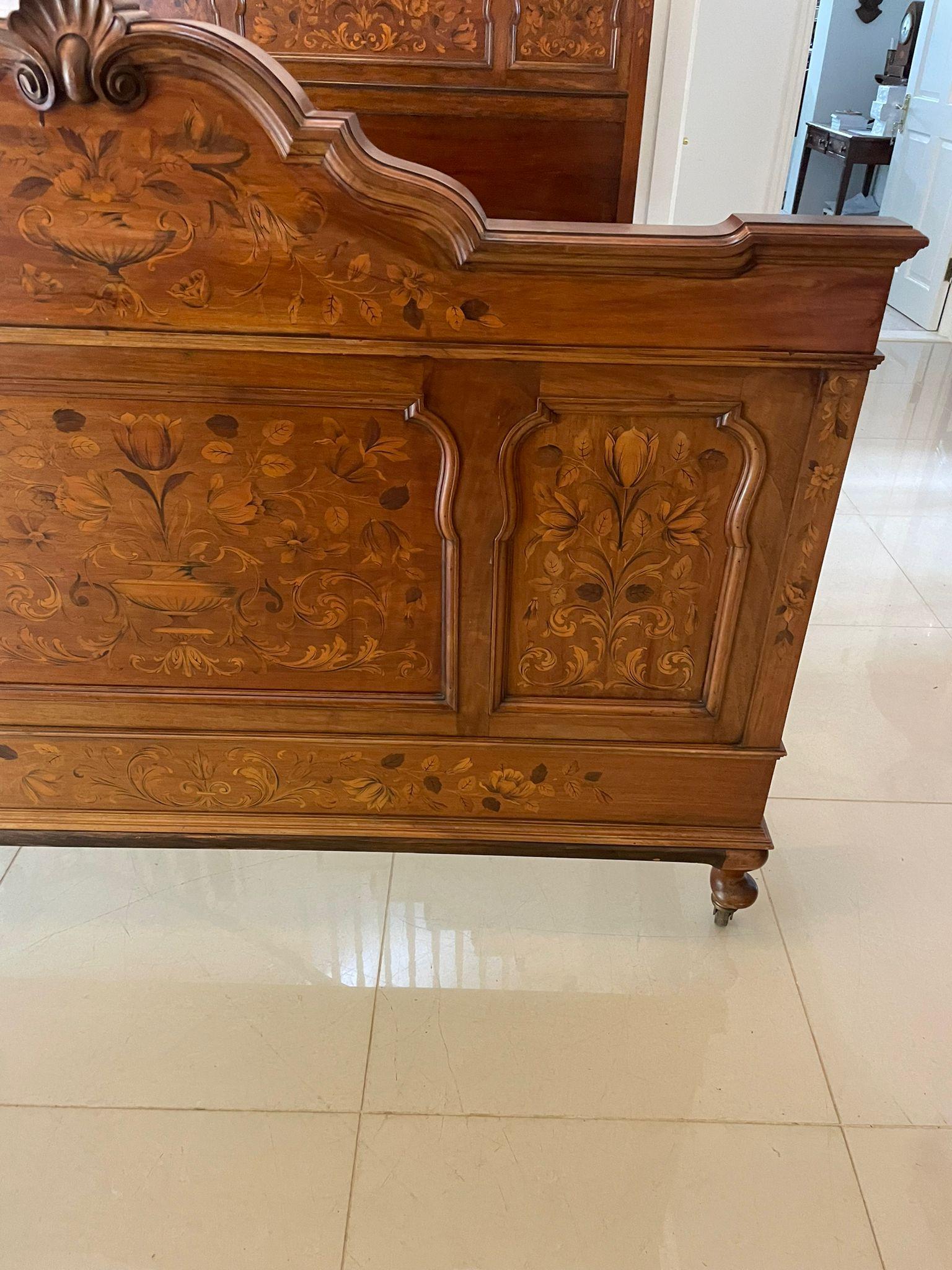 Outstanding Quality King Size Antique Figured Walnut Floral Marquetry Inlaid Bed In Good Condition For Sale In Suffolk, GB