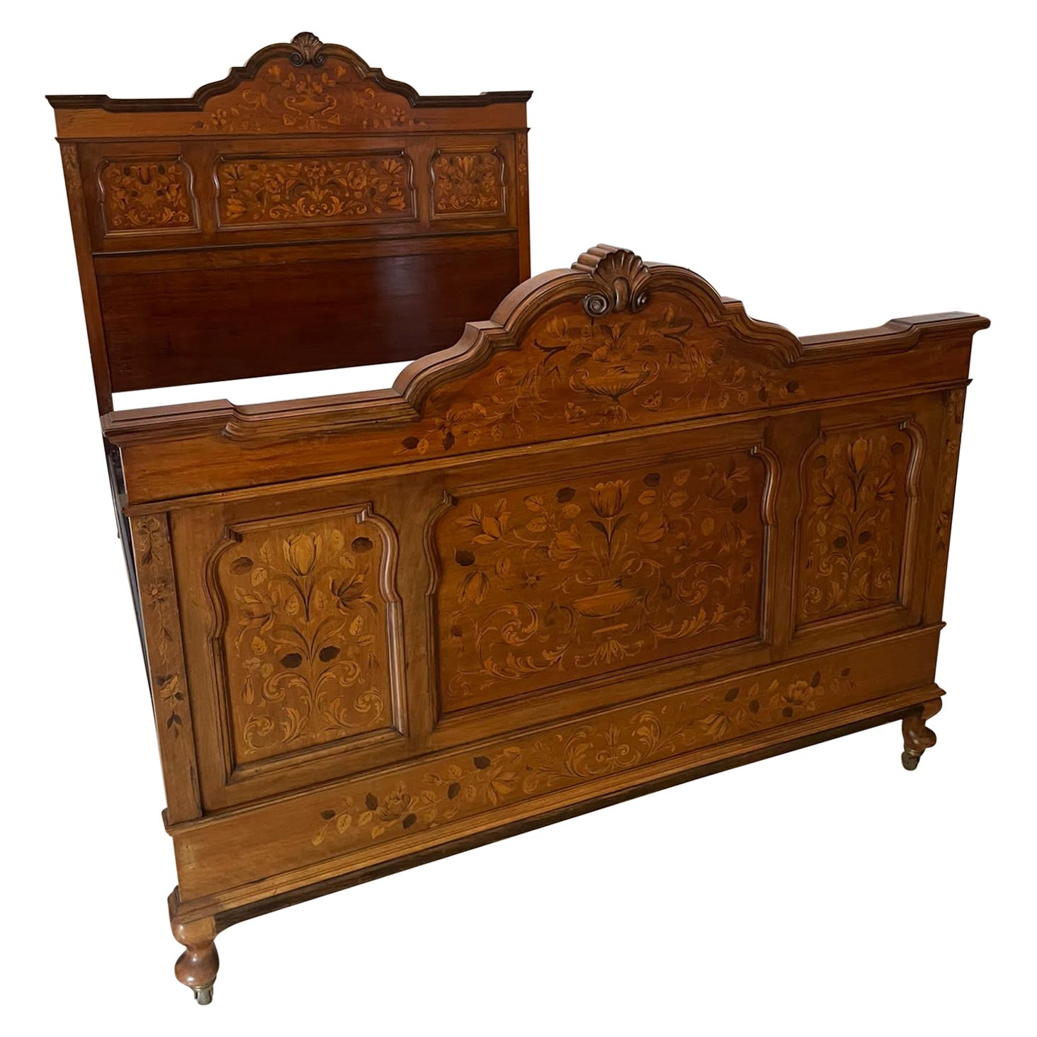 Outstanding Quality King Size Antique Figured Walnut Floral Marquetry Inlaid Bed
