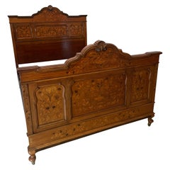Outstanding Quality King Size Antique Figured Walnut Floral Marquetry Inlaid Bed