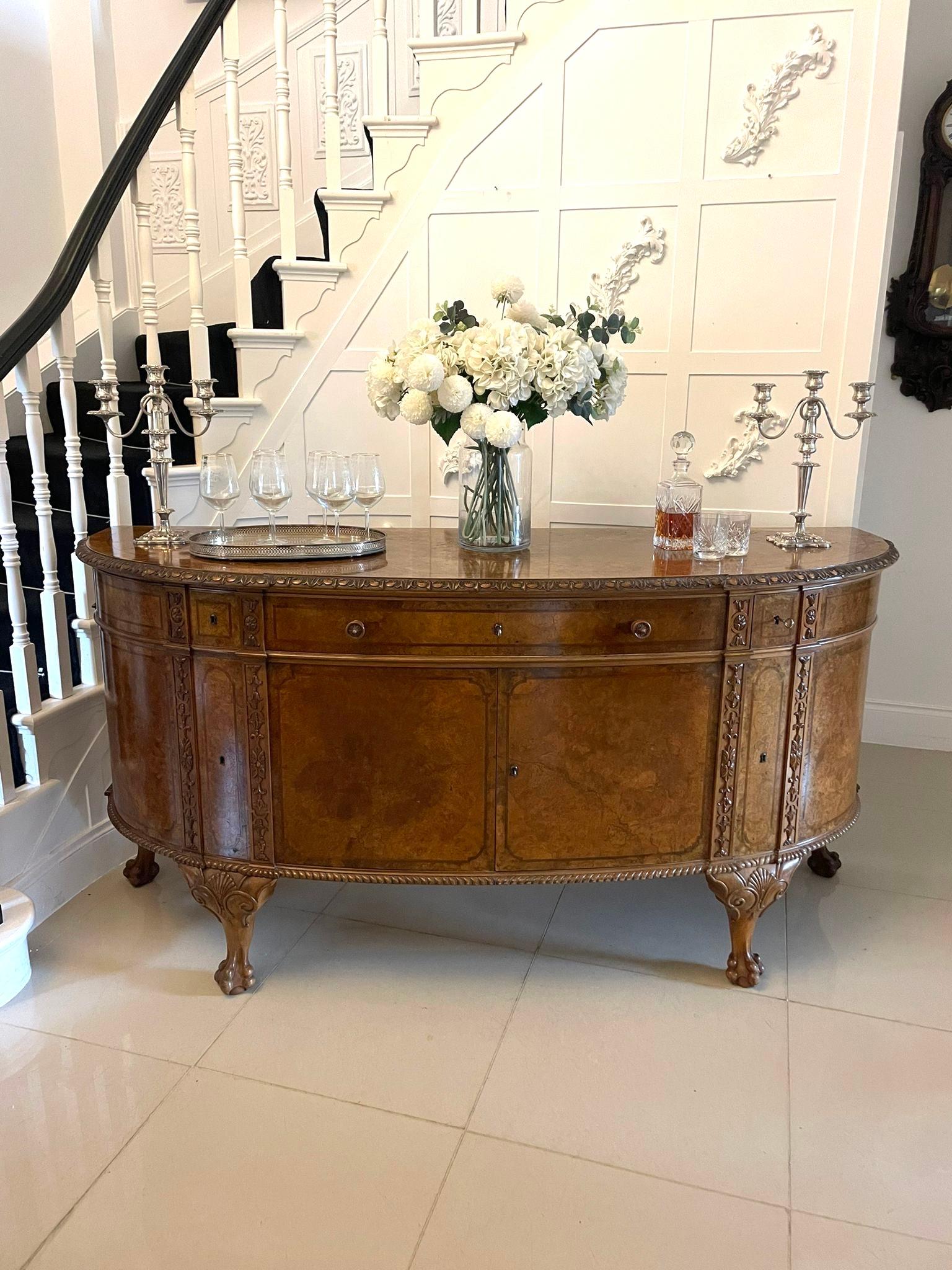English Outstanding Quality Large Antique Carved Burr Walnut Bow Fronted Sideboard For Sale