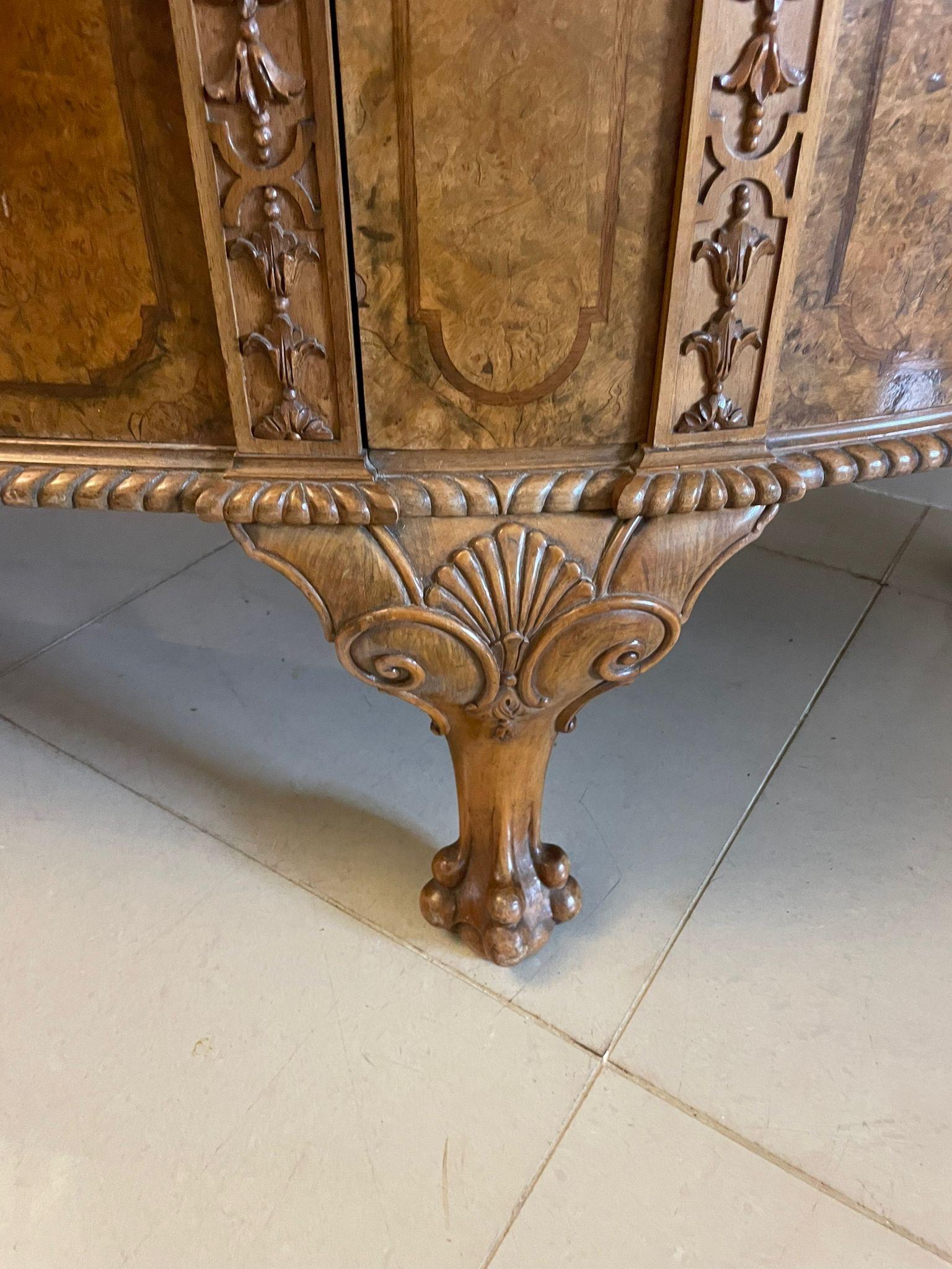 Outstanding Quality Large Antique Carved Burr Walnut Bow Fronted Sideboard In Good Condition For Sale In Suffolk, GB