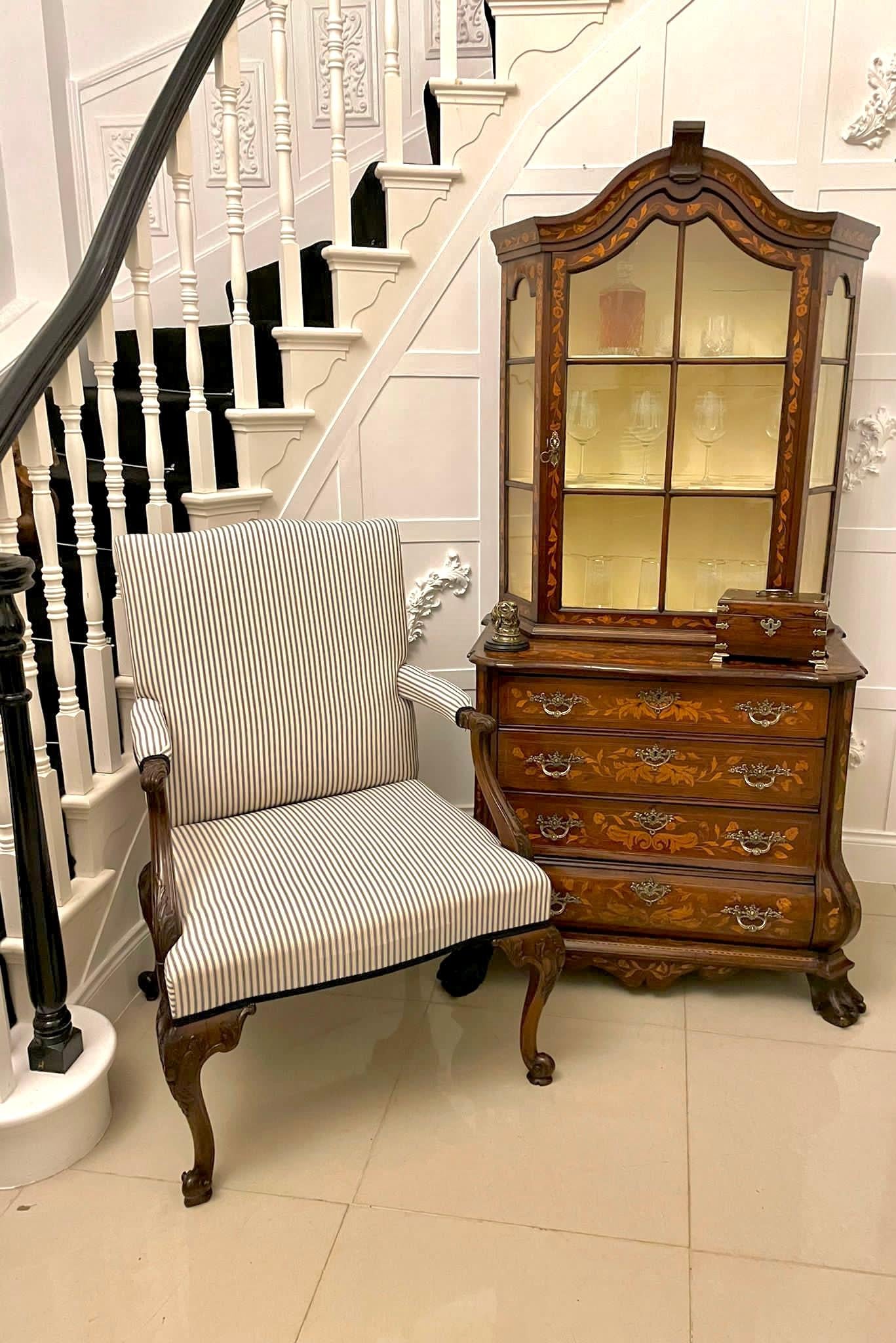 Outstanding quality large antique Victorian carved mahogany Gainsborough armchair having outstanding quality carved mahogany open arms standing on four carved mahogany cabriole legs with scroll feet, newly reupholstered in a quality fabric

A