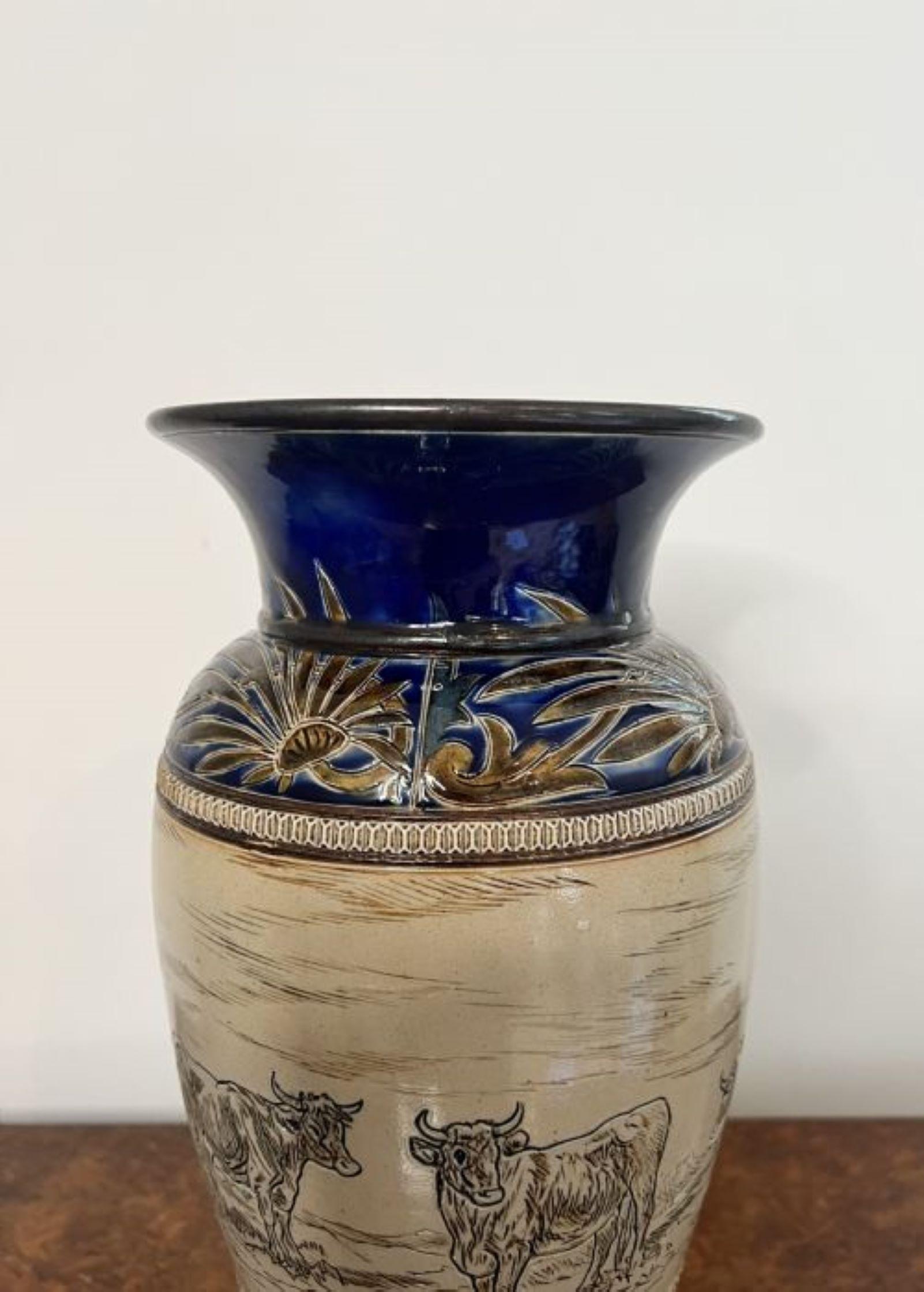 Outstanding quality large antique Doulton Lambeth vase by Hannah Barlow having an outstanding quality antique Doulton lambeth vase by Hannah Barlow beautifully decorated to the centre with cattle and landscape outlined in a dark colour on a light