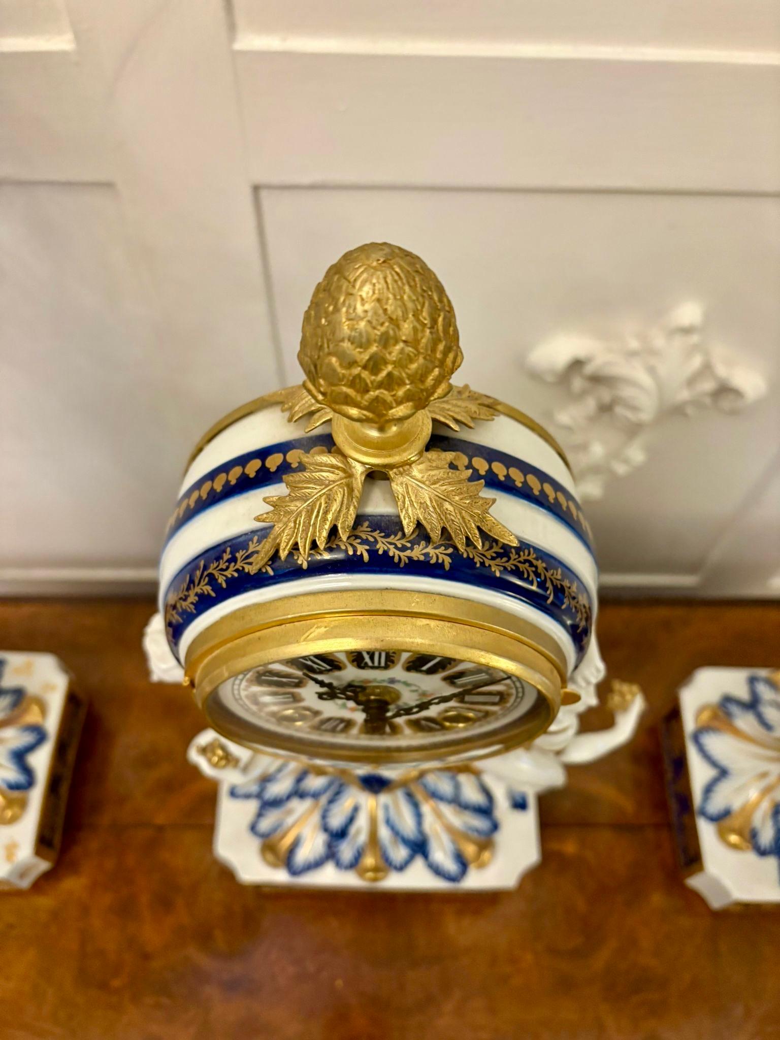 Outstanding Quality Large Antique French Porcelain and Gilded Metal Clock Set For Sale 5