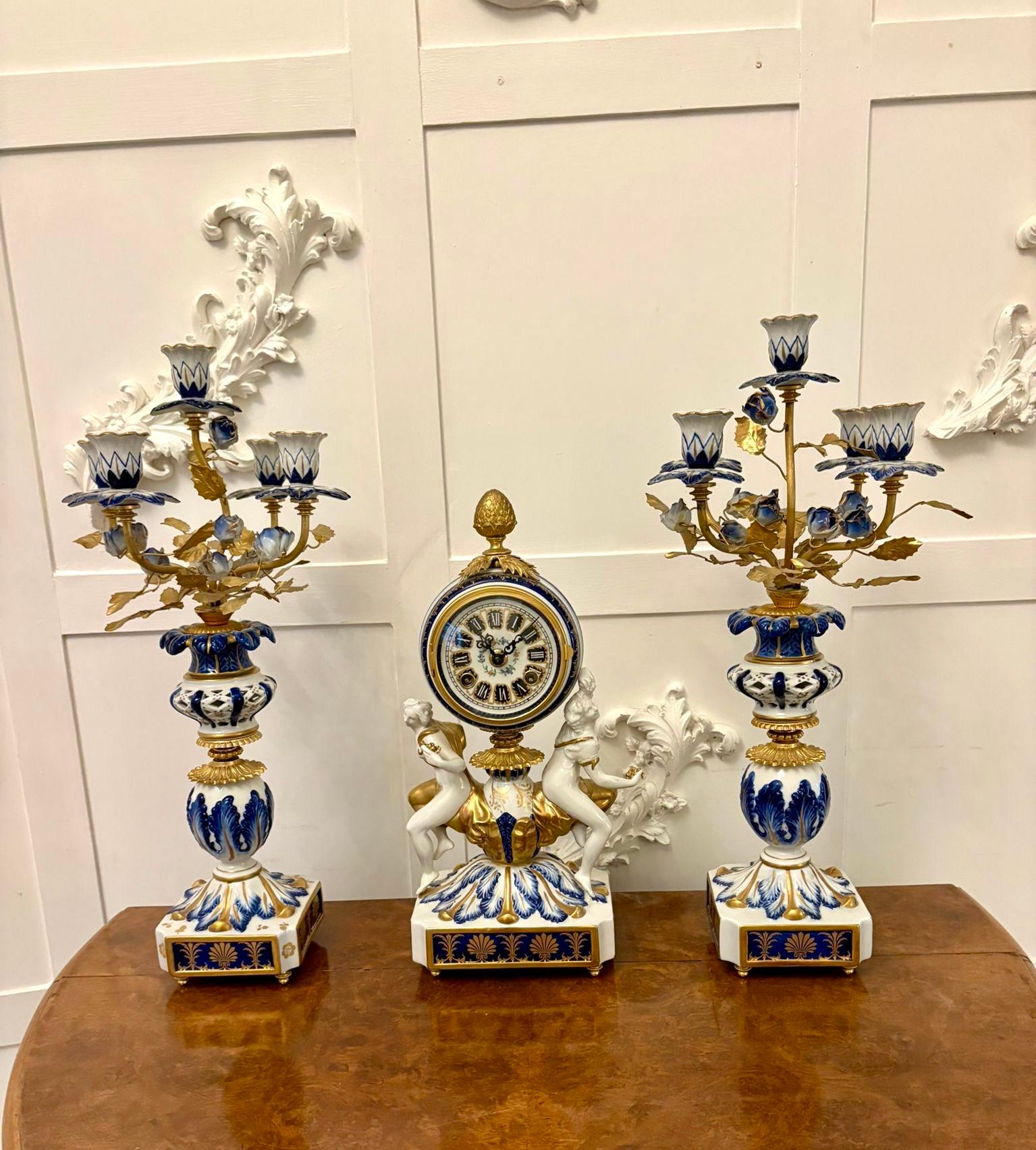 Outstanding Quality Large Antique French Porcelain and Gilded Metal Clock Set For Sale 9