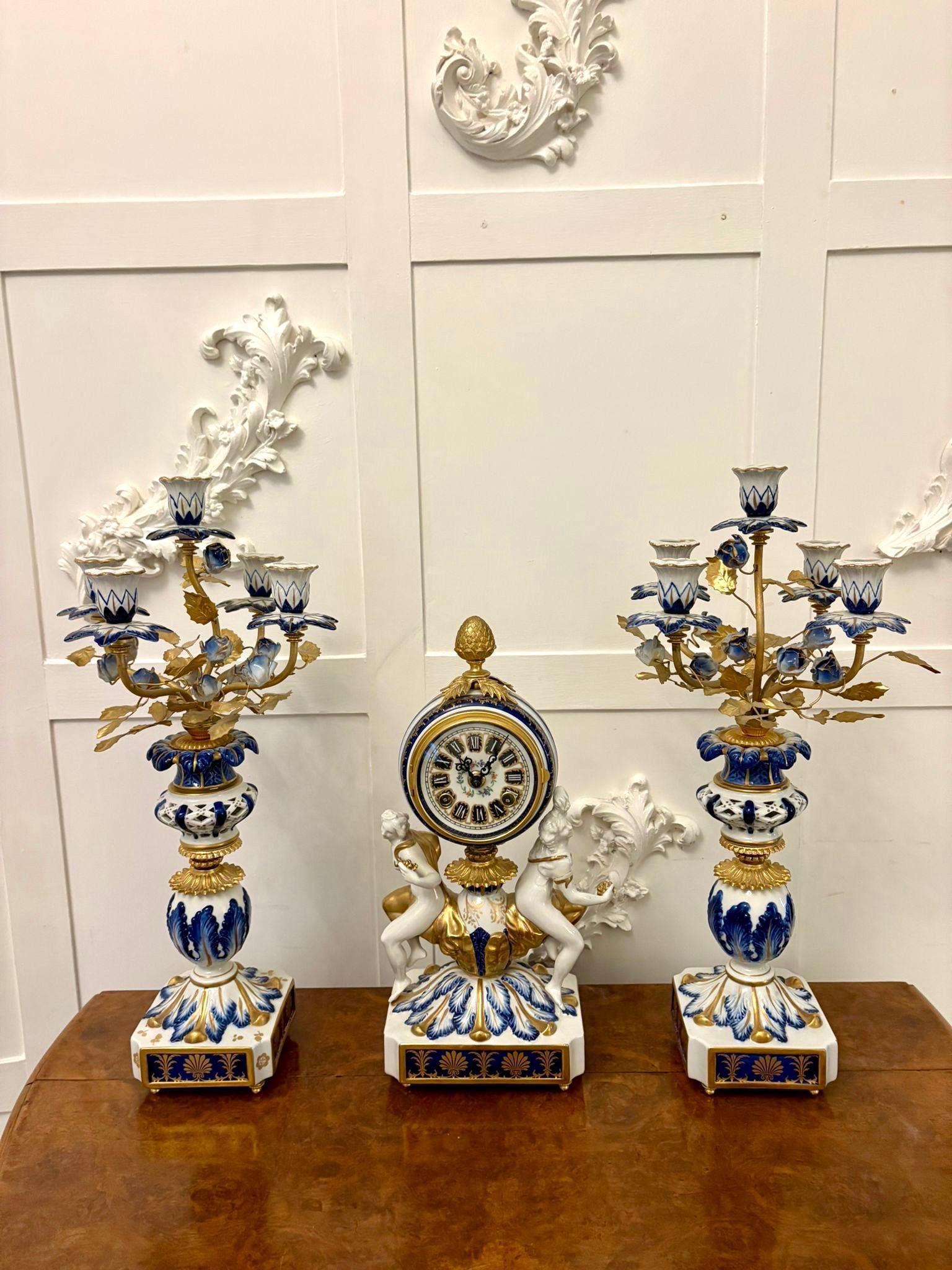Outstanding Quality Large Antique French Porcelain and Gilded Metal Clock Set For Sale 10
