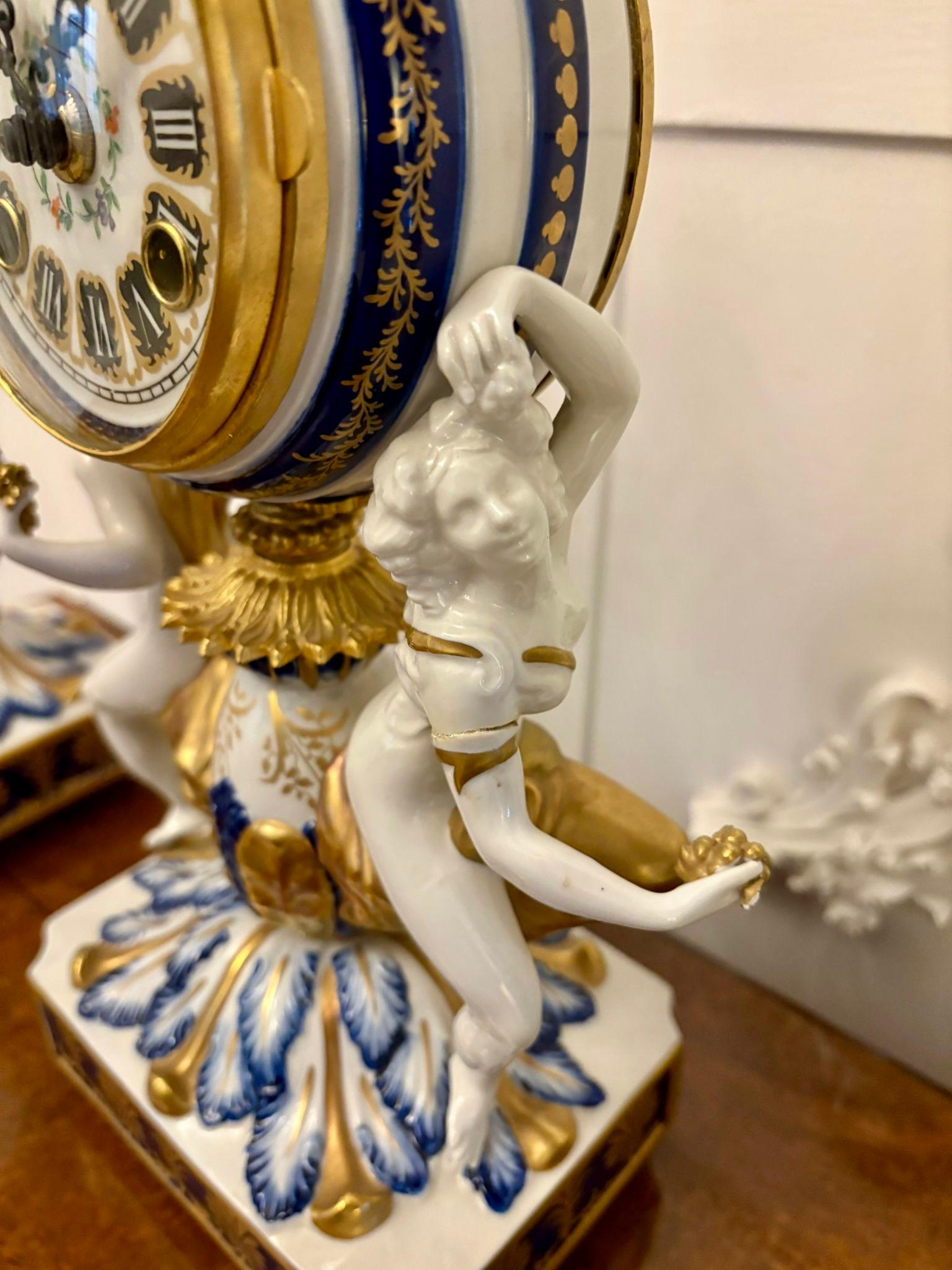 Outstanding Quality Large Antique French Porcelain and Gilded Metal Clock Set In Good Condition For Sale In Suffolk, GB