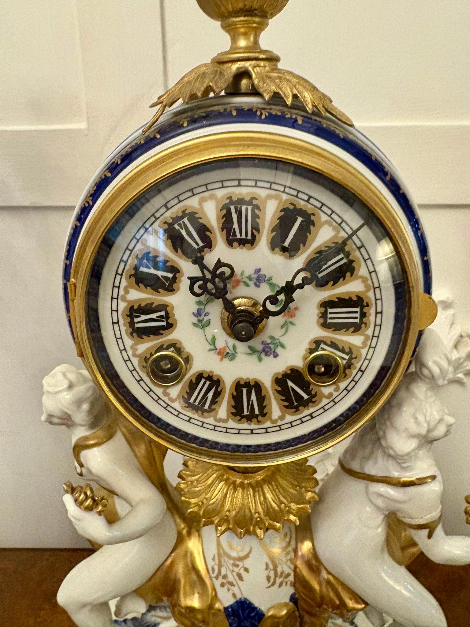 19th Century Outstanding Quality Large Antique French Porcelain and Gilded Metal Clock Set For Sale