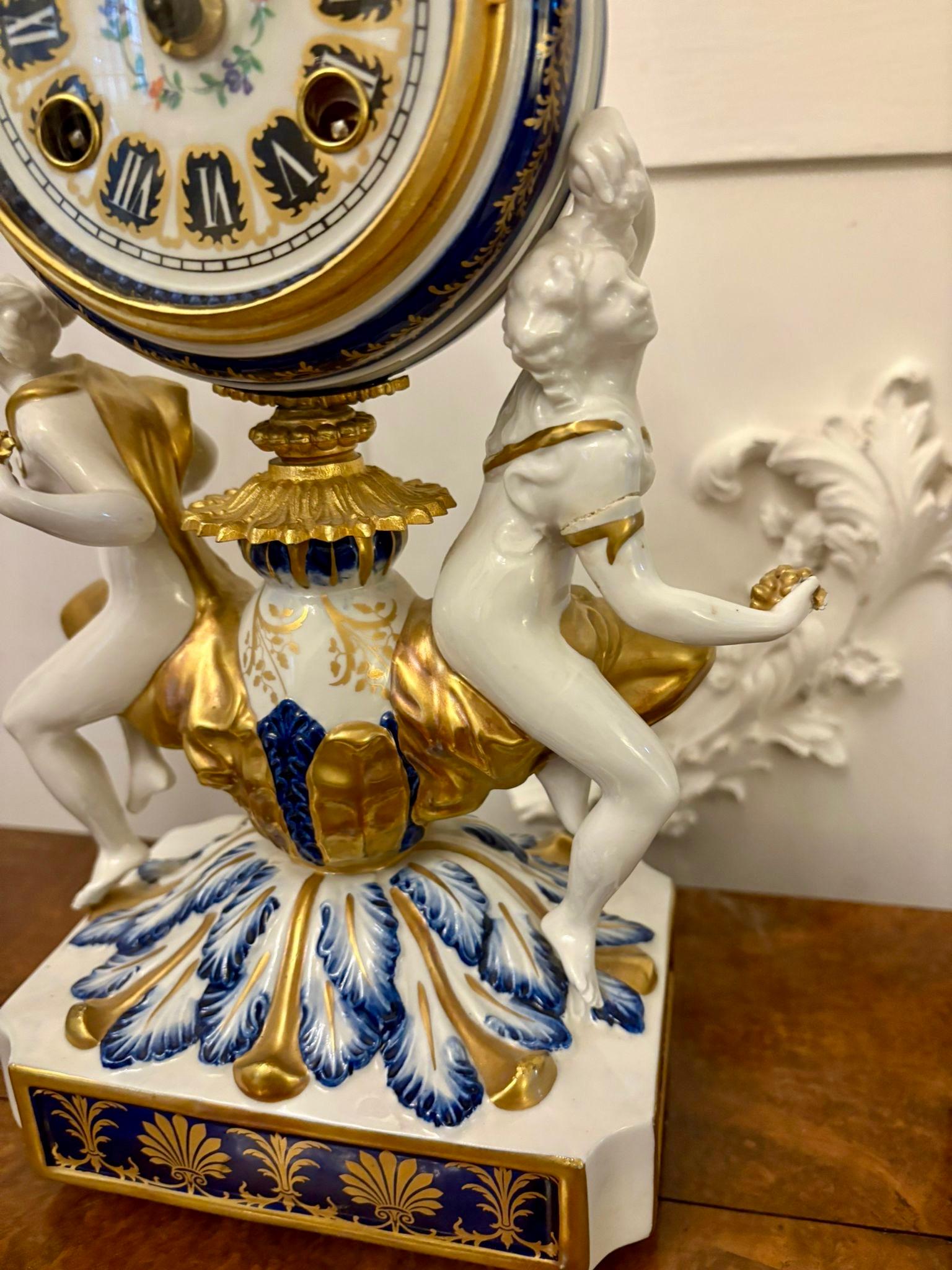 Outstanding Quality Large Antique French Porcelain and Gilded Metal Clock Set For Sale 1