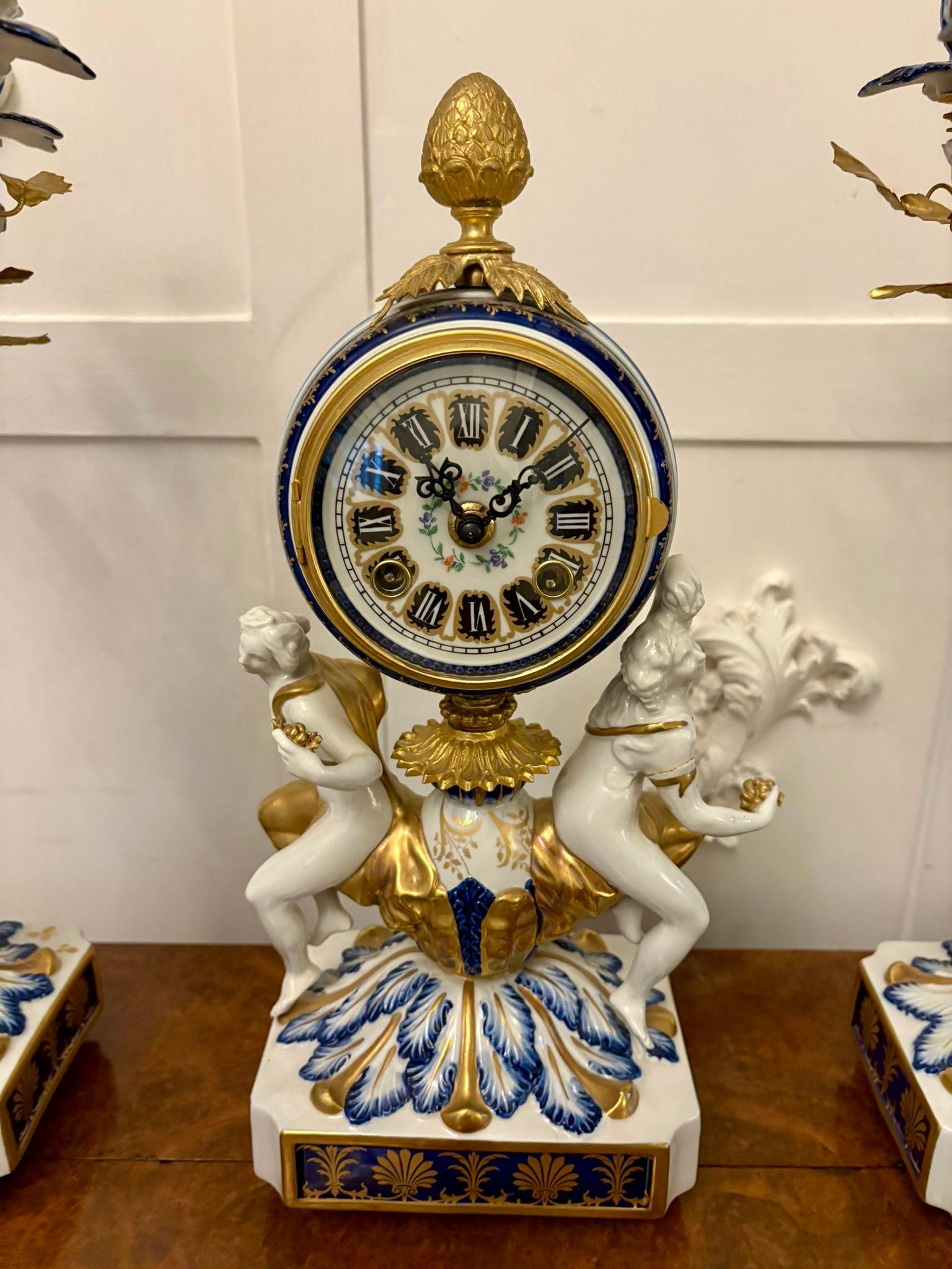 Outstanding Quality Large Antique French Porcelain and Gilded Metal Clock Set For Sale 3