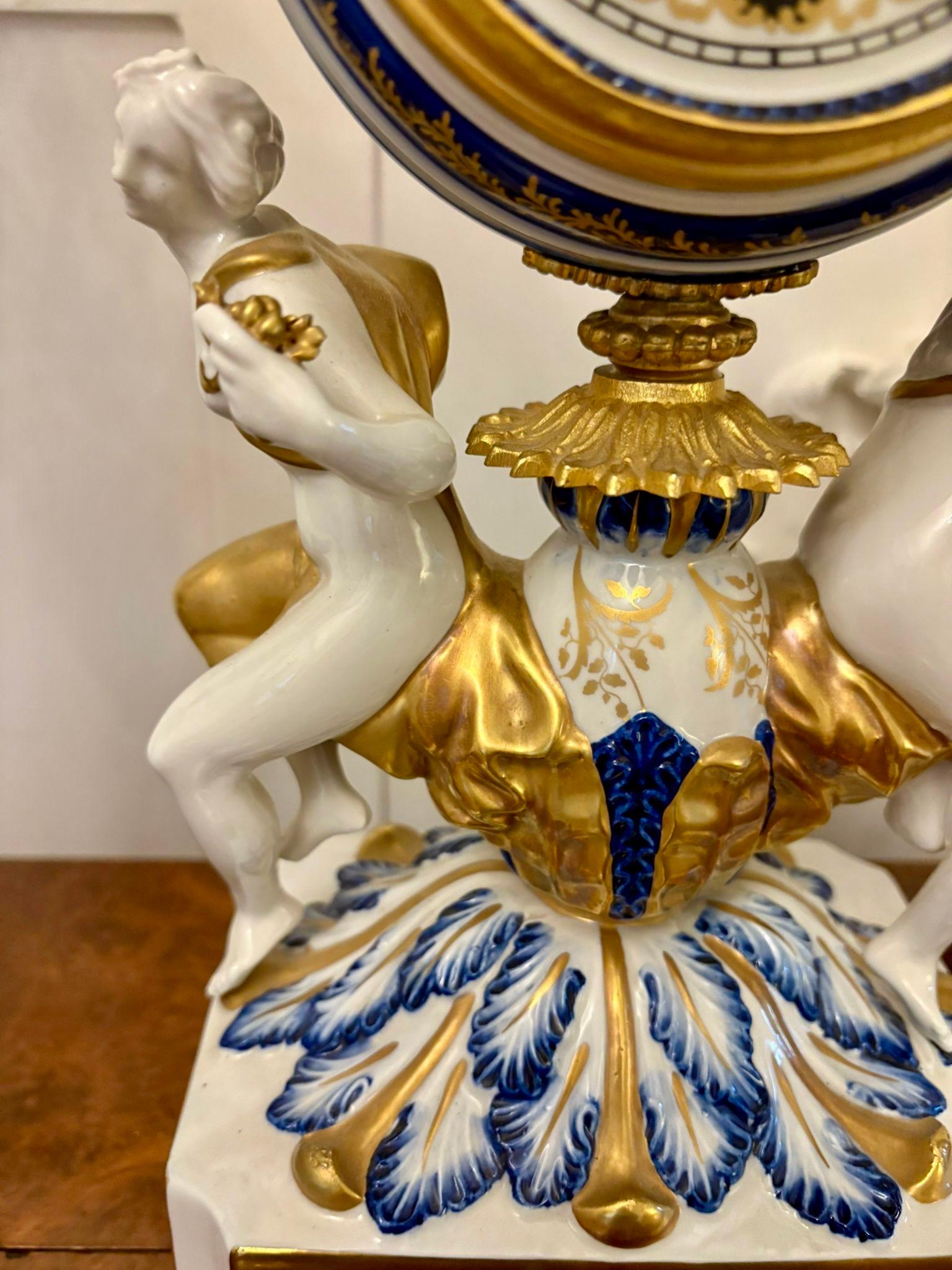 Outstanding Quality Large Antique French Porcelain and Gilded Metal Clock Set For Sale 4