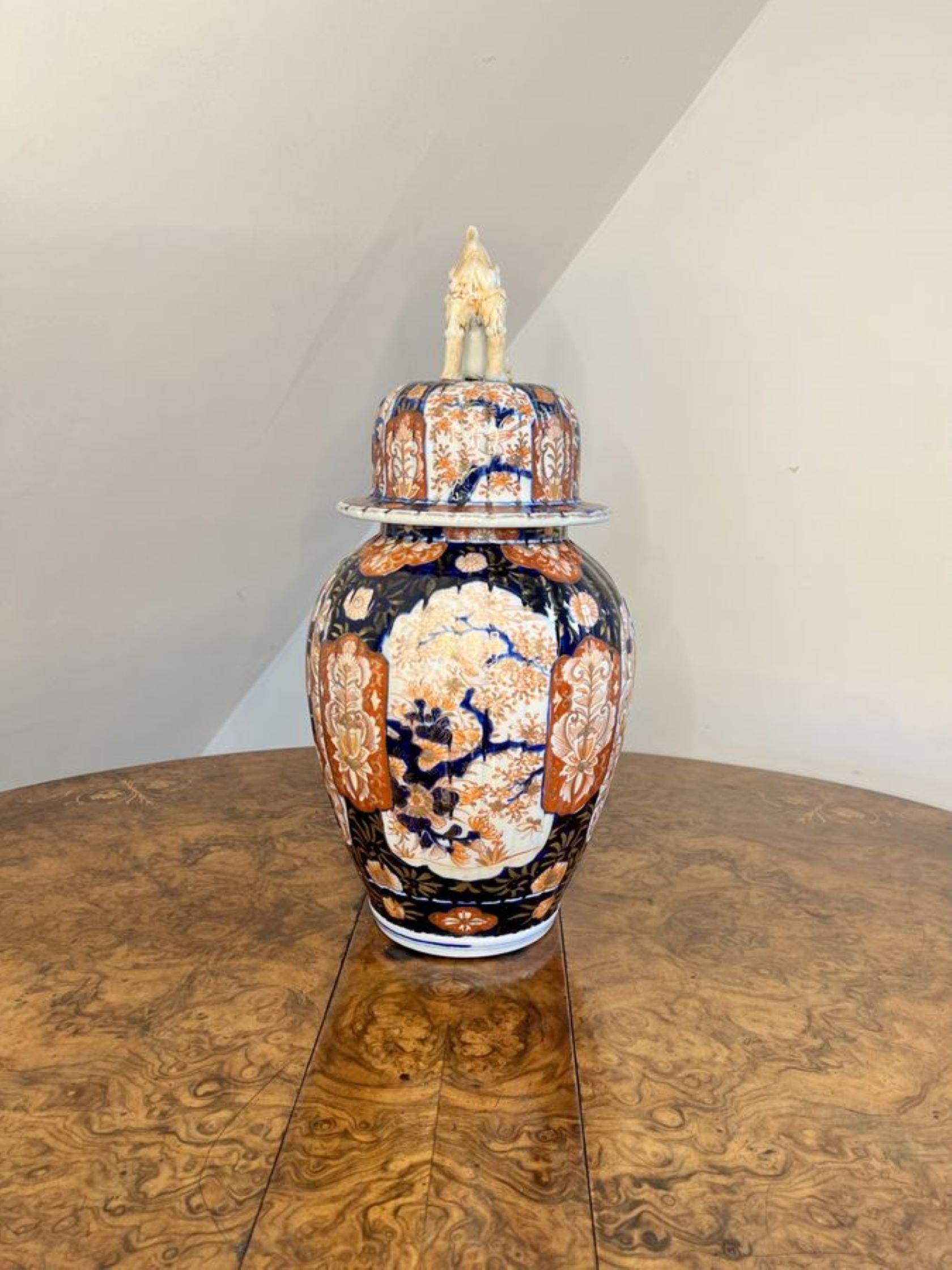 Outstanding quality large antique Japanese imari vase having a fantastic quality large Japanese imari vase, wonderful shaped body with hand painted decoration with flowers, scrolls, leaves, trees and birds in fabulous gold, blue, red and white