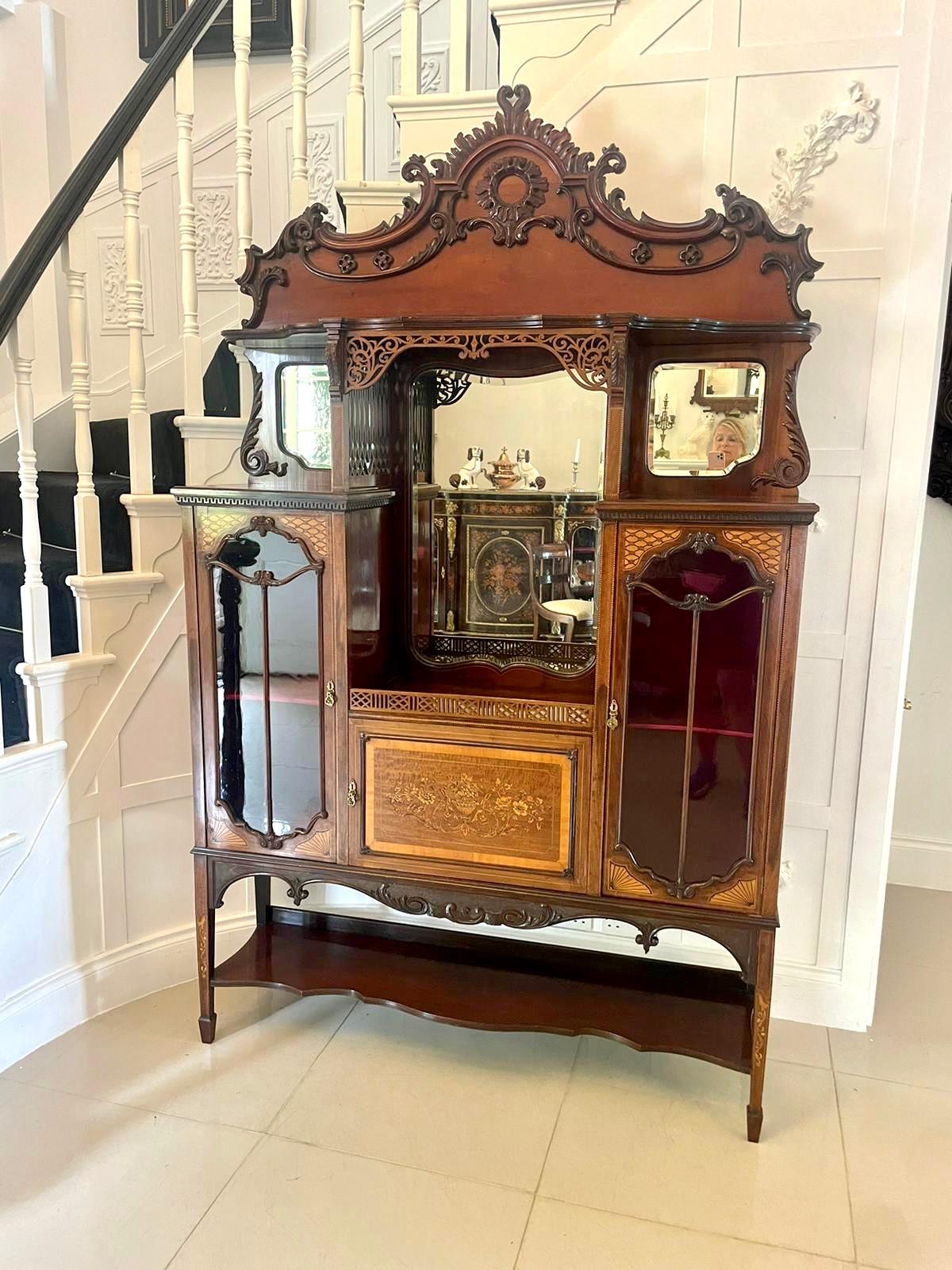 Outstanding quality large antique Victorian mahogany inlaid satinwood display cabinet having a quality carved mahogany shaped top above three bevelled edge shaped mirrors and turned supports above a fantastic quality satinwood inlaid panelled drop