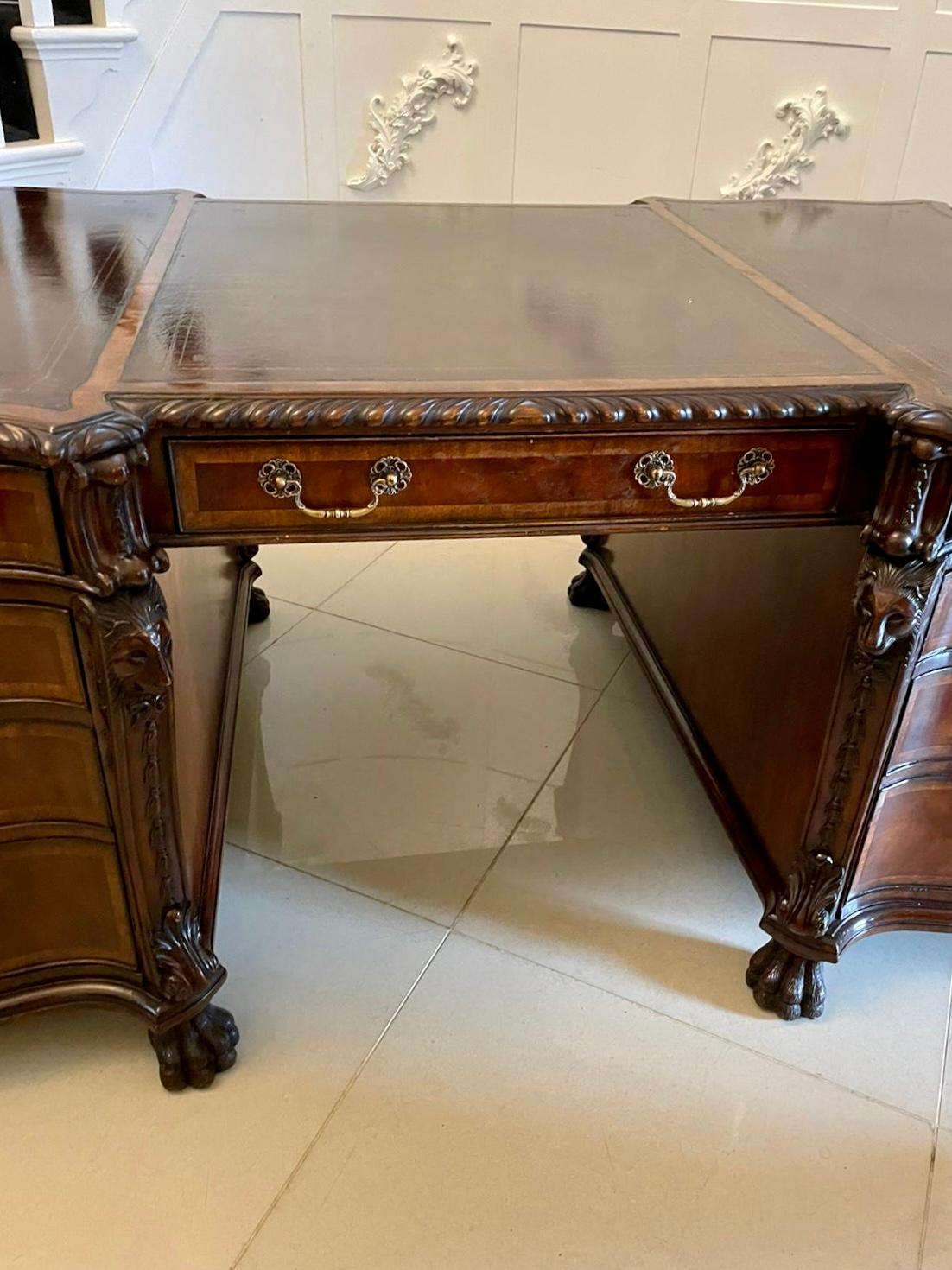 Outstanding Quality Large Antique Mahogany Serpentine Shaped Partners Desk For Sale 11