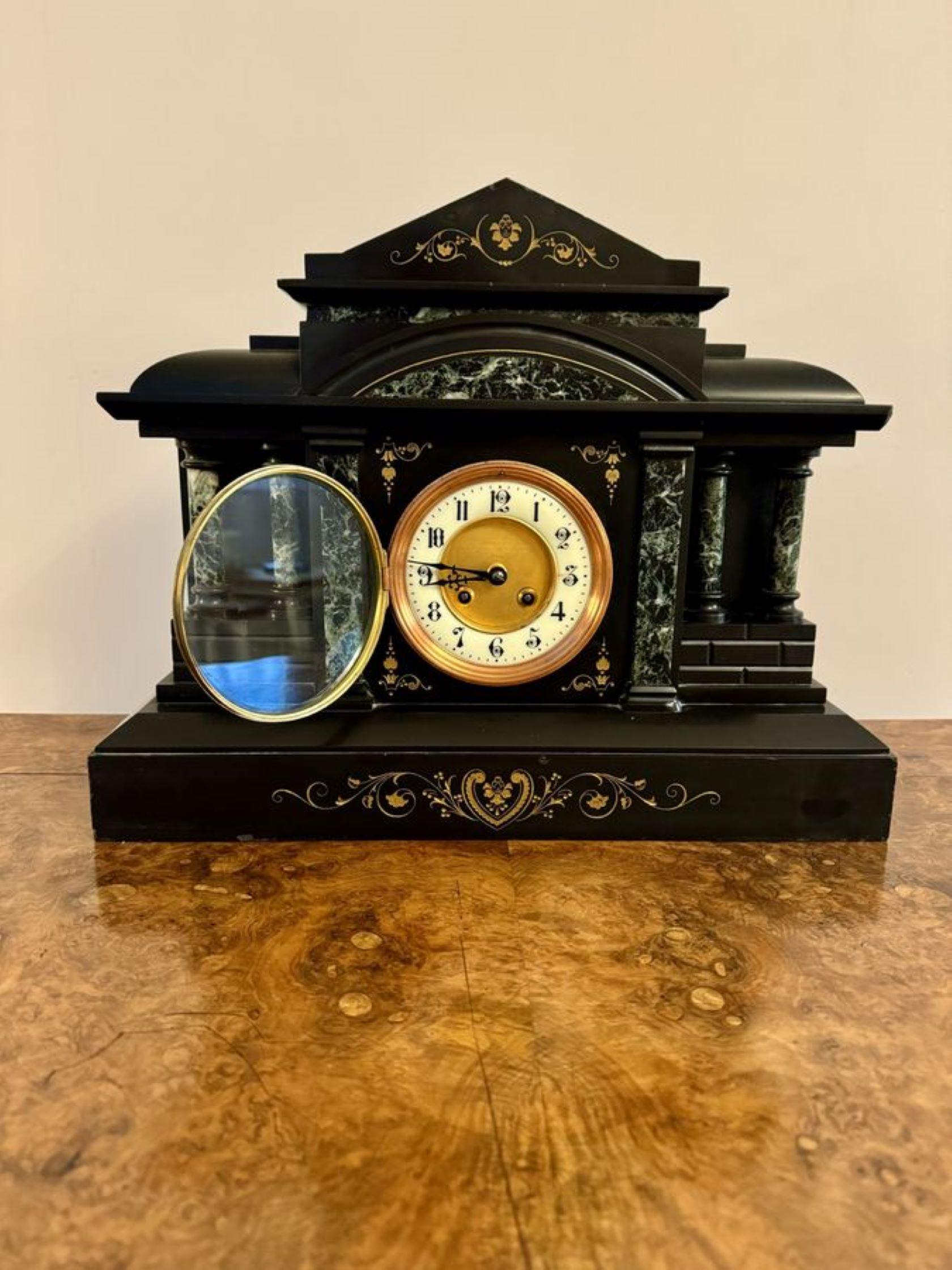 Outstanding quality large antique marble mantle clock, Having an outstanding quality marble case with green columns and gold detail, with an 8 day movement striking the hour & half hour on a gong, with a cream and gold circular dial to the centre