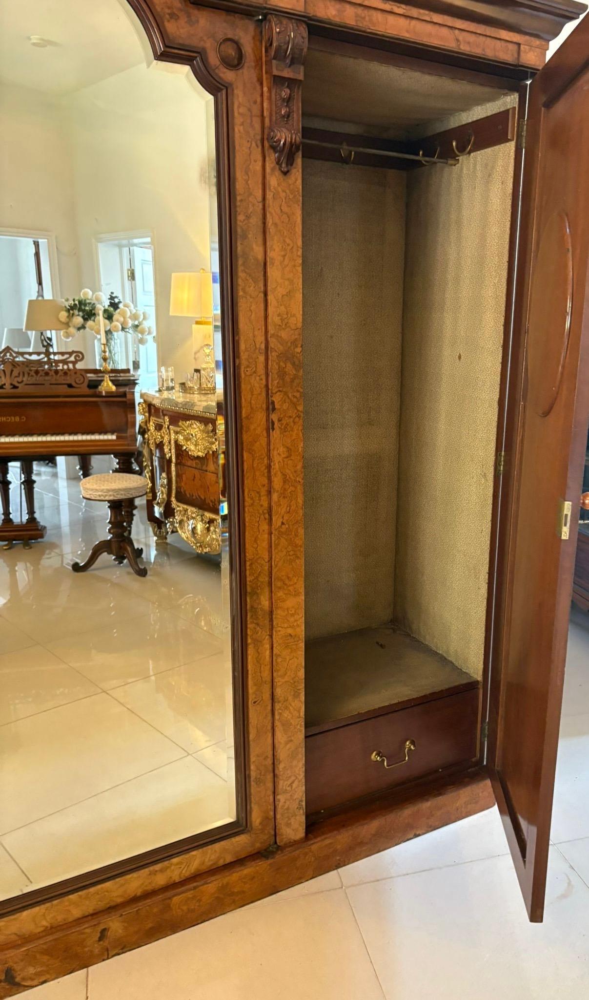 Victorian Outstanding Quality Large Antique Unusual Carved Burr Walnut 3 Door Wardrobe For Sale