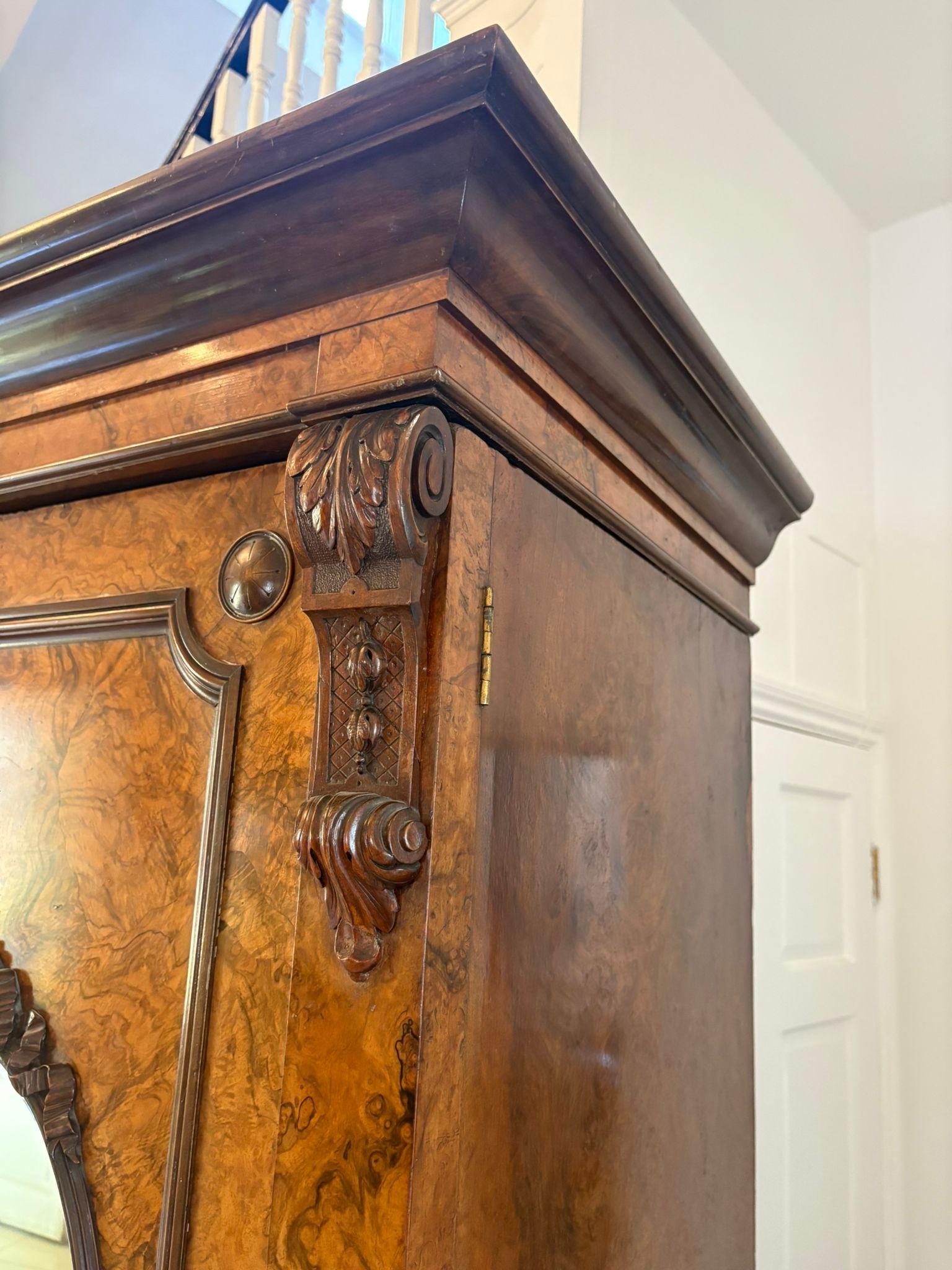 Outstanding Quality Large Antique Unusual Carved Burr Walnut 3 Door Wardrobe In Good Condition For Sale In Suffolk, GB
