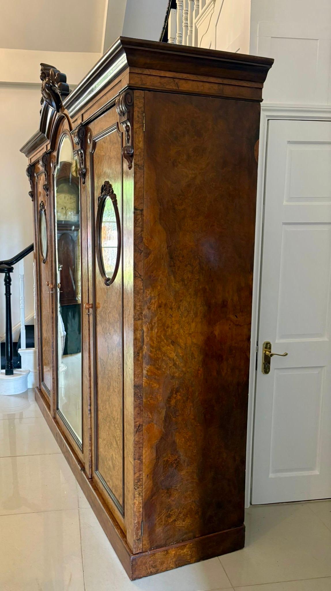 19th Century Outstanding Quality Large Antique Unusual Carved Burr Walnut 3 Door Wardrobe For Sale