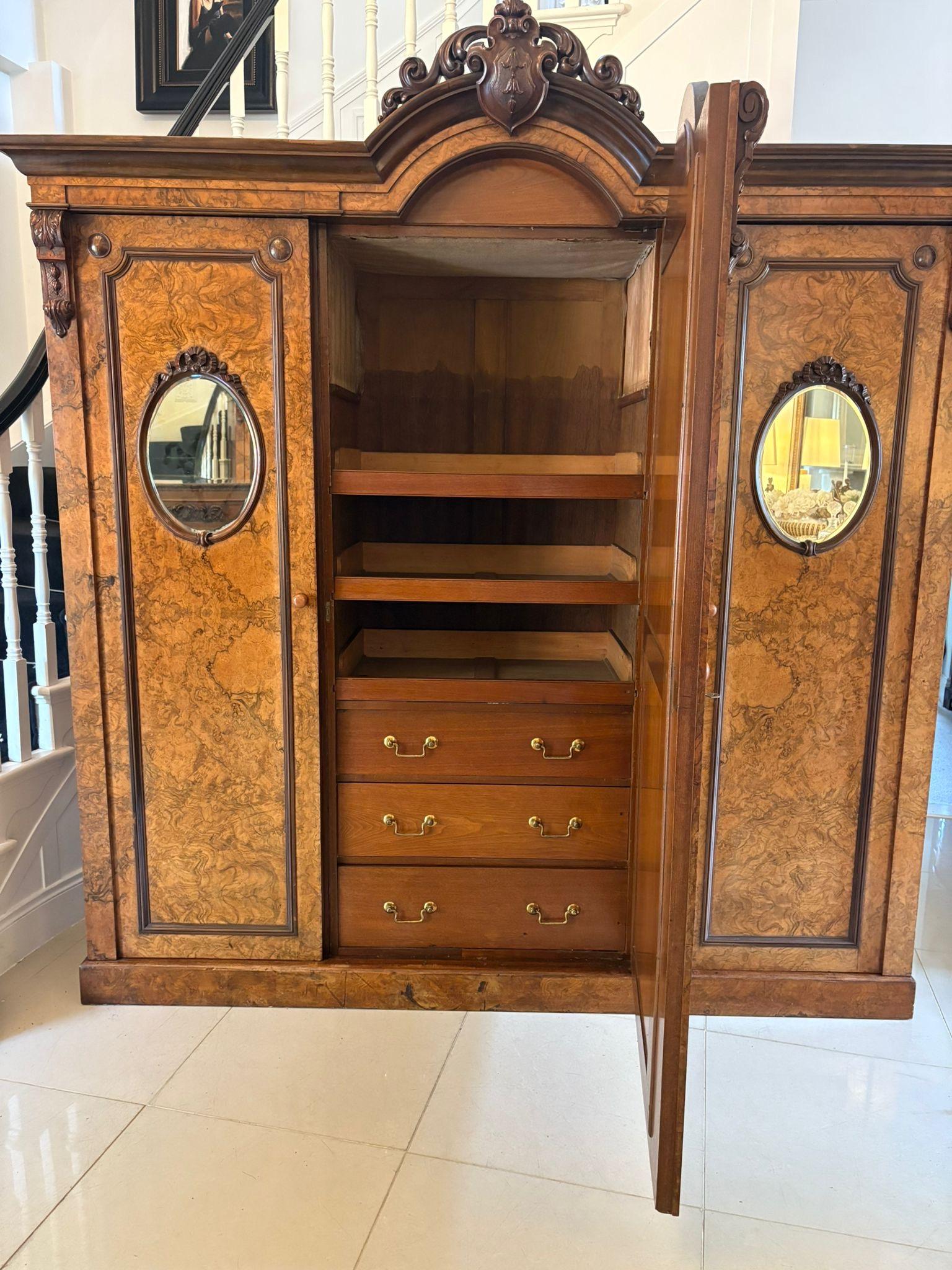 Outstanding Quality Large Antique Unusual Carved Burr Walnut 3 Door Wardrobe For Sale 1