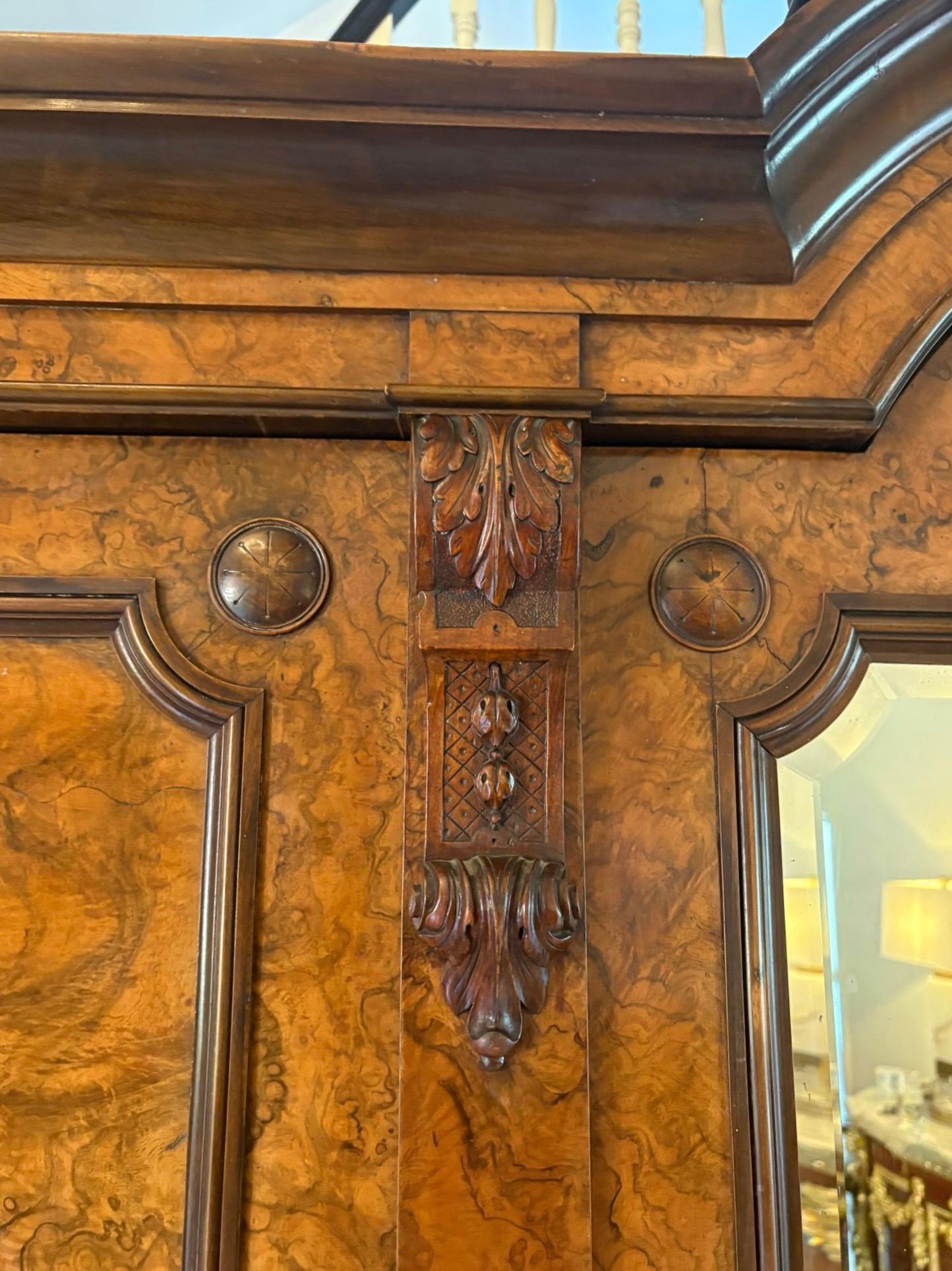 Outstanding Quality Large Antique Unusual Carved Burr Walnut 3 Door Wardrobe For Sale 2