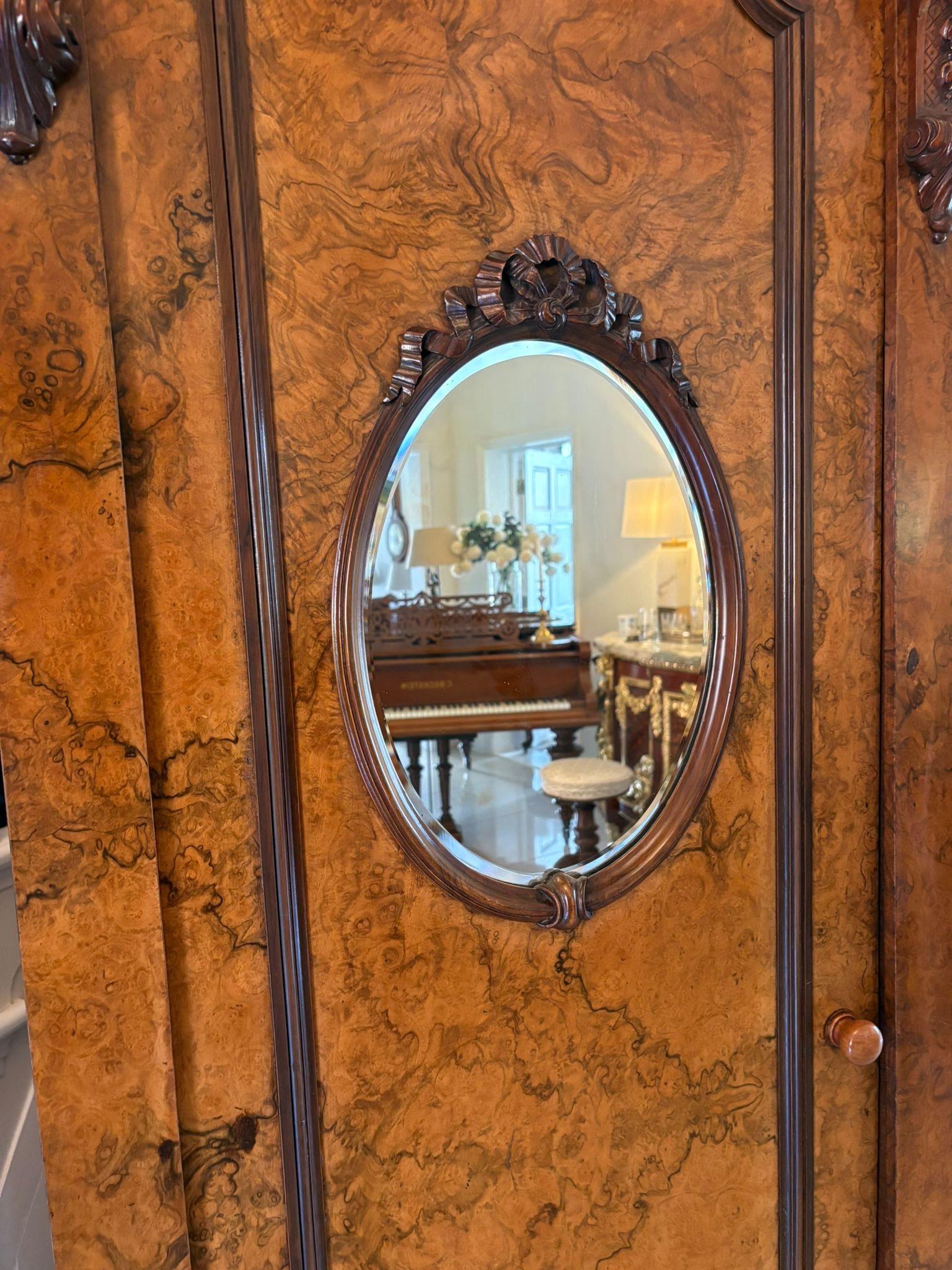 Outstanding Quality Large Antique Unusual Carved Burr Walnut 3 Door Wardrobe For Sale 4