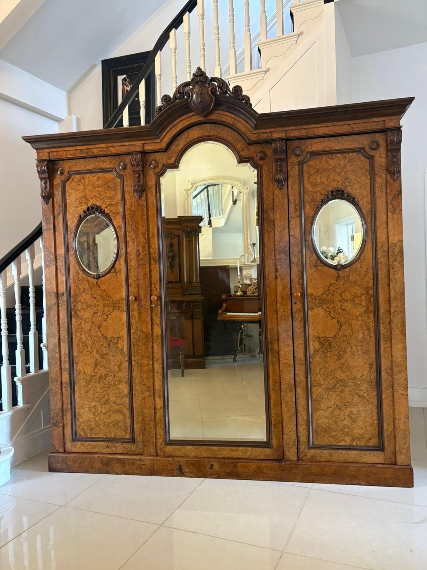 Outstanding Quality Large Antique Unusual Carved Burr Walnut 3 Door Wardrobe For Sale 7