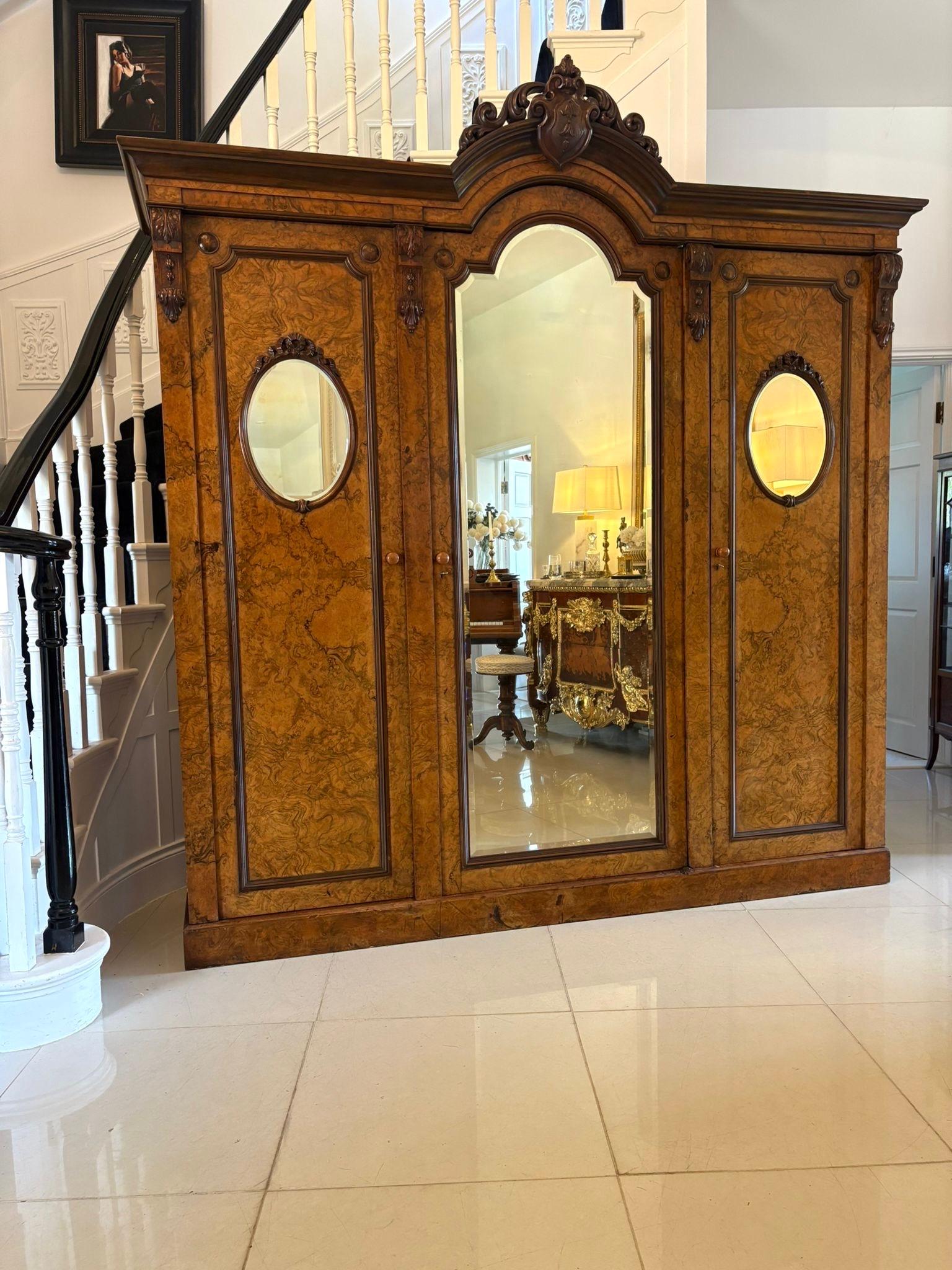 Outstanding Quality Large Antique Unusual Carved Burr Walnut 3 Door Wardrobe For Sale 8
