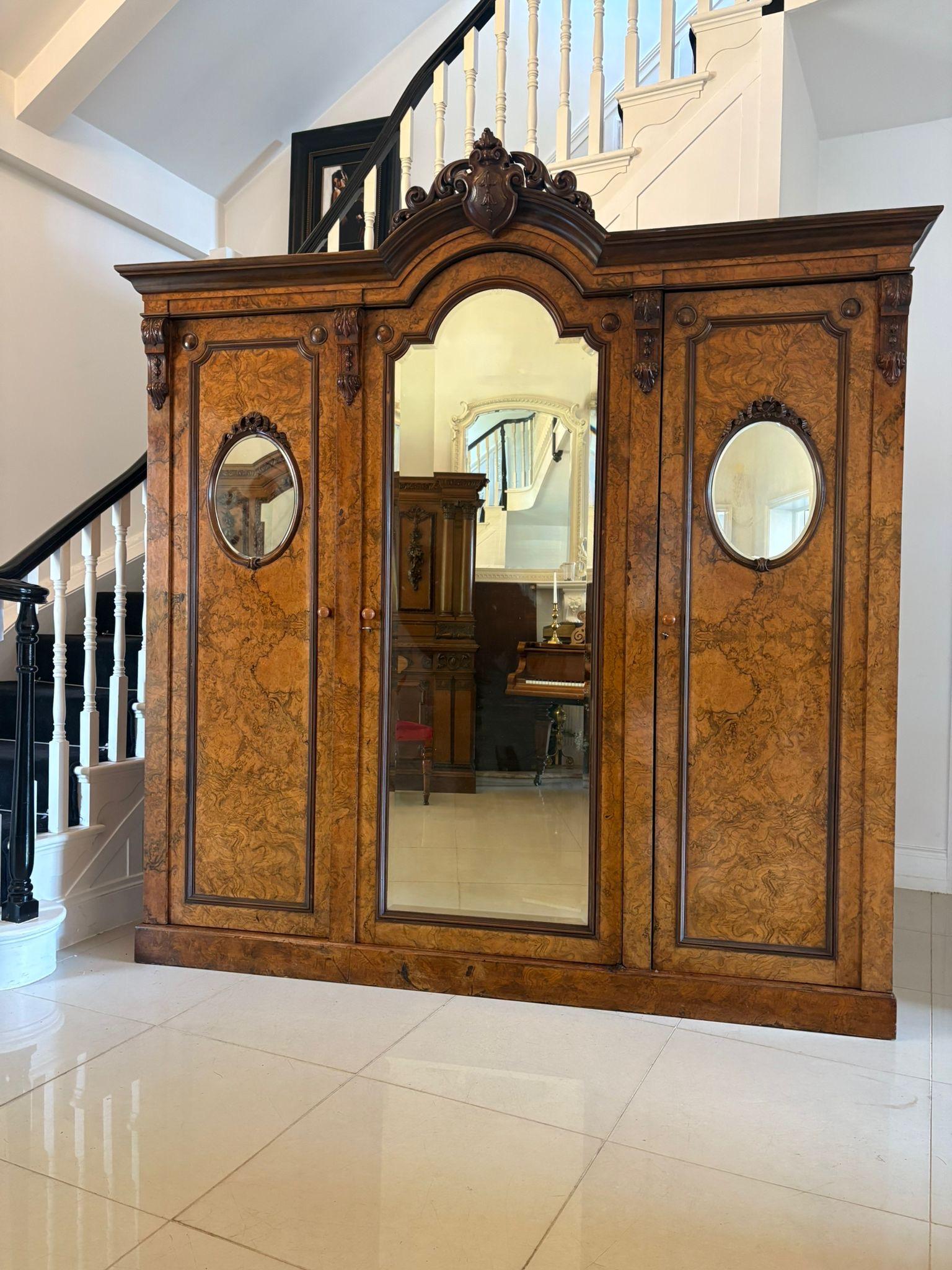 Outstanding Quality Large Antique Unusual Carved Burr Walnut 3 Door Wardrobe For Sale 9