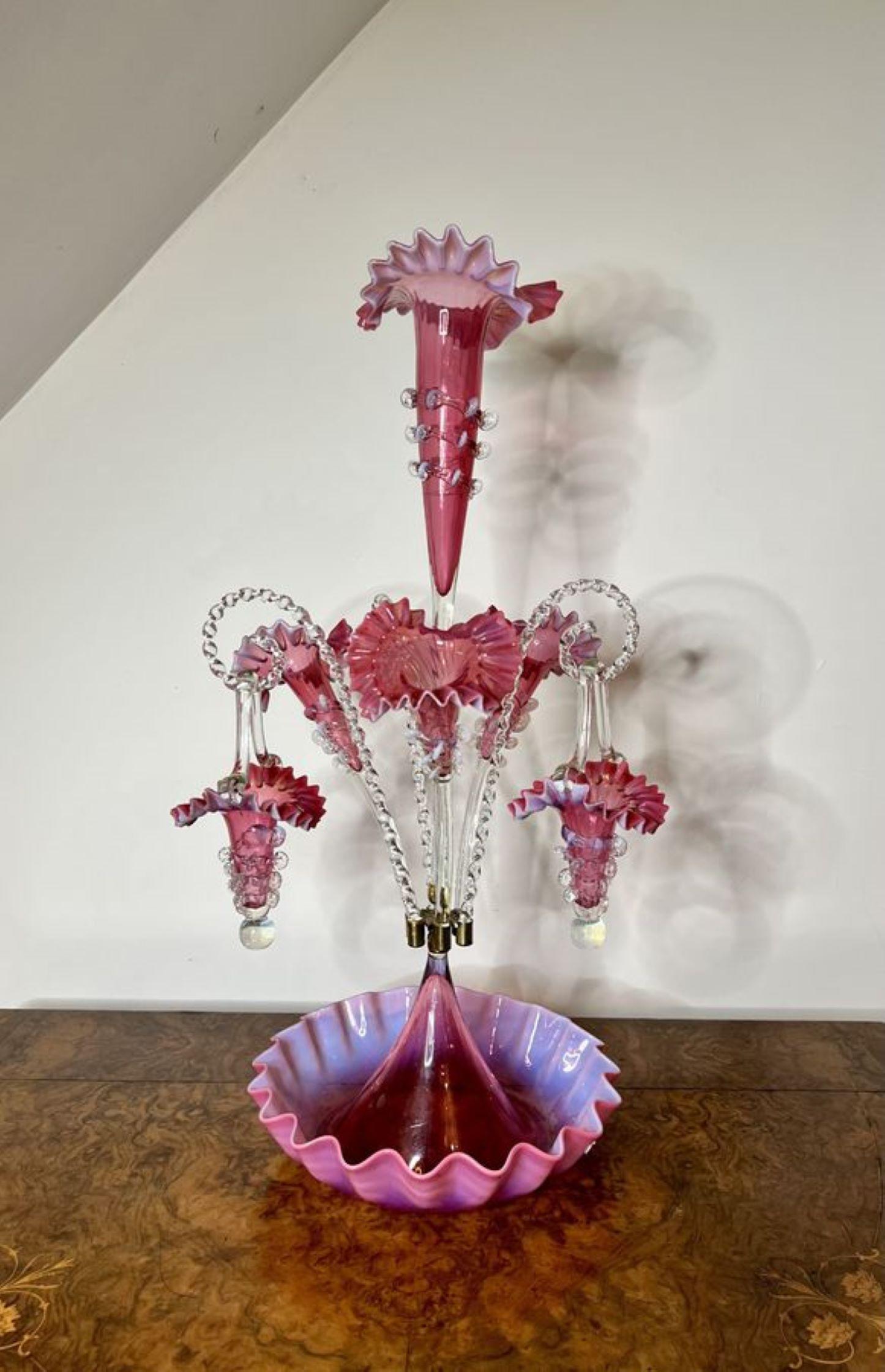 Glass Outstanding quality large antique Victorian cranberry glass epergne