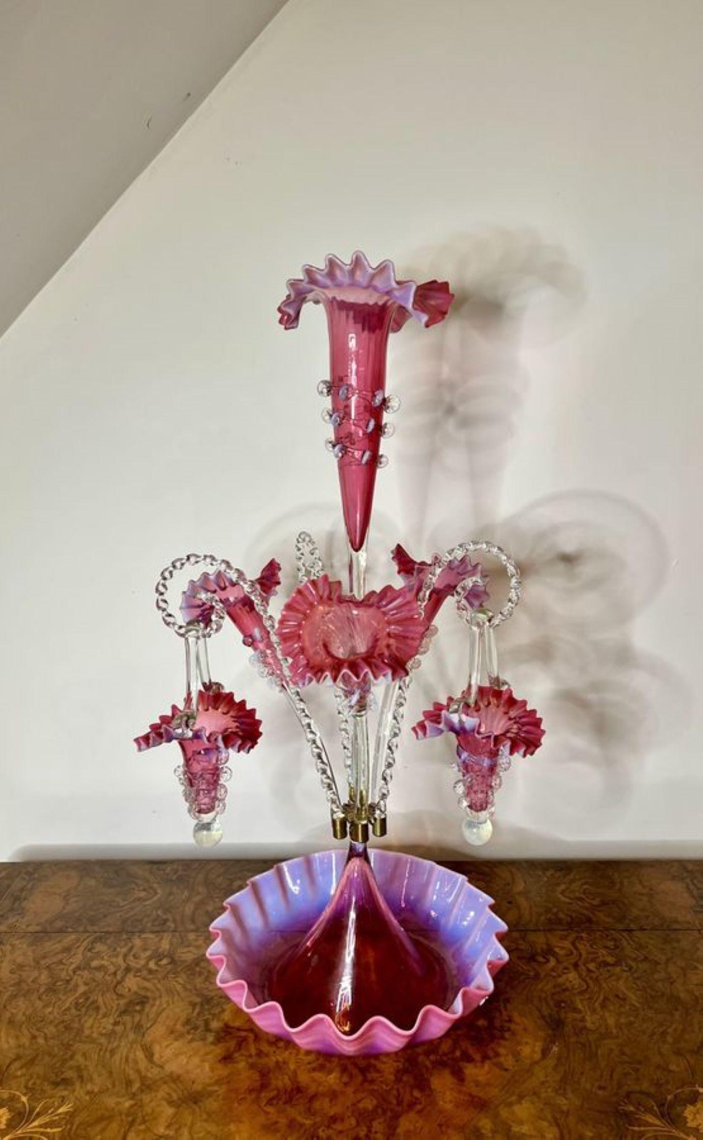 Outstanding quality large antique Victorian cranberry glass epergne 2