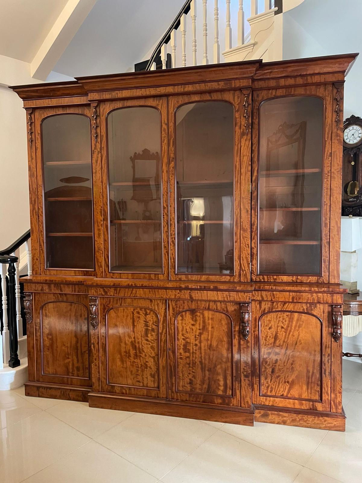 Outstanding Quality Large Antique Victorian Figured Mahogany Breakfront Bookcase For Sale 4