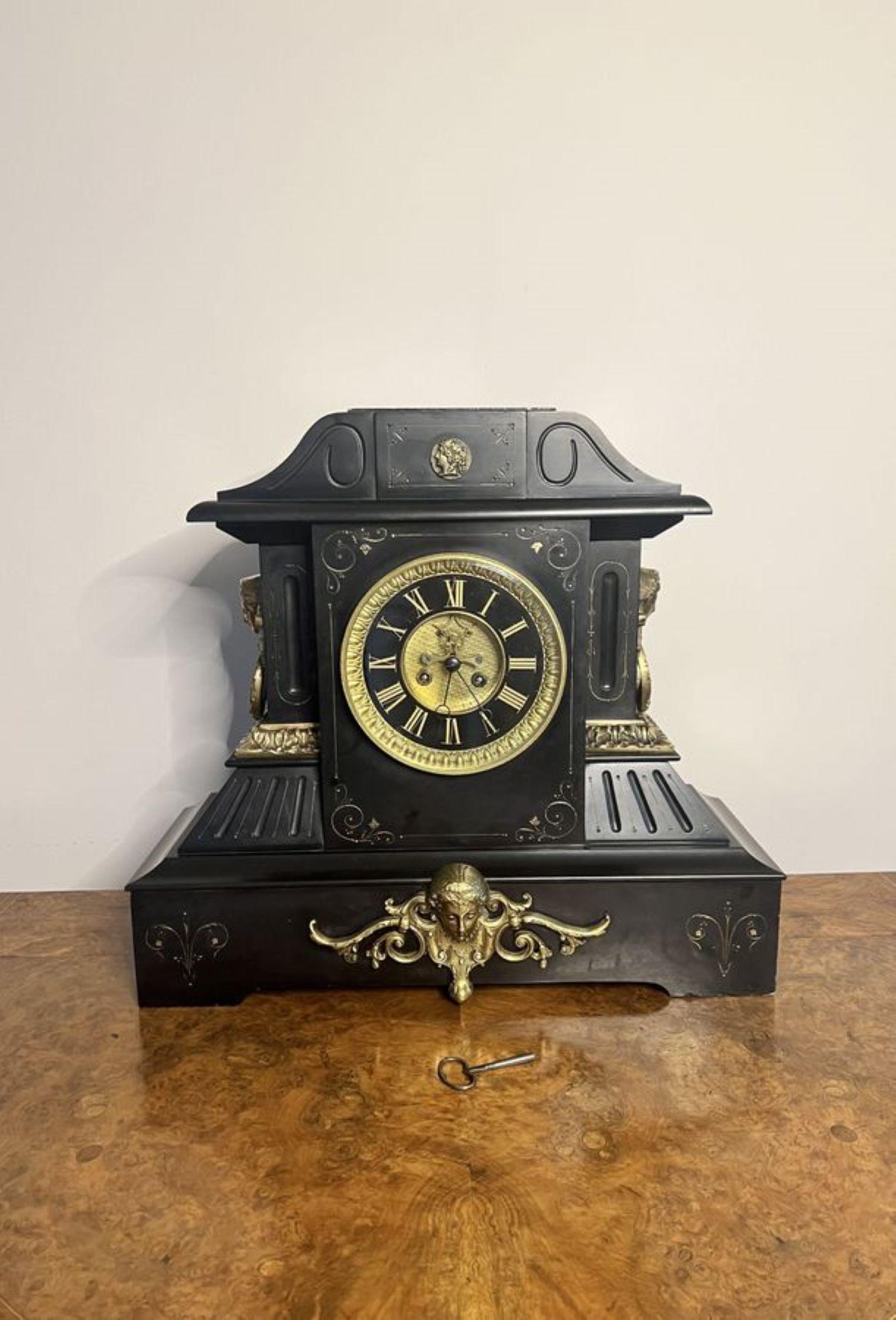 Outstanding quality large antique Victorian marble mantle clock. Having an outstanding quality marble and ornate gilded brass case, with an 8 day movement striking the hour & half hour on a gong, having a black and gold dial with Roman numerals, a