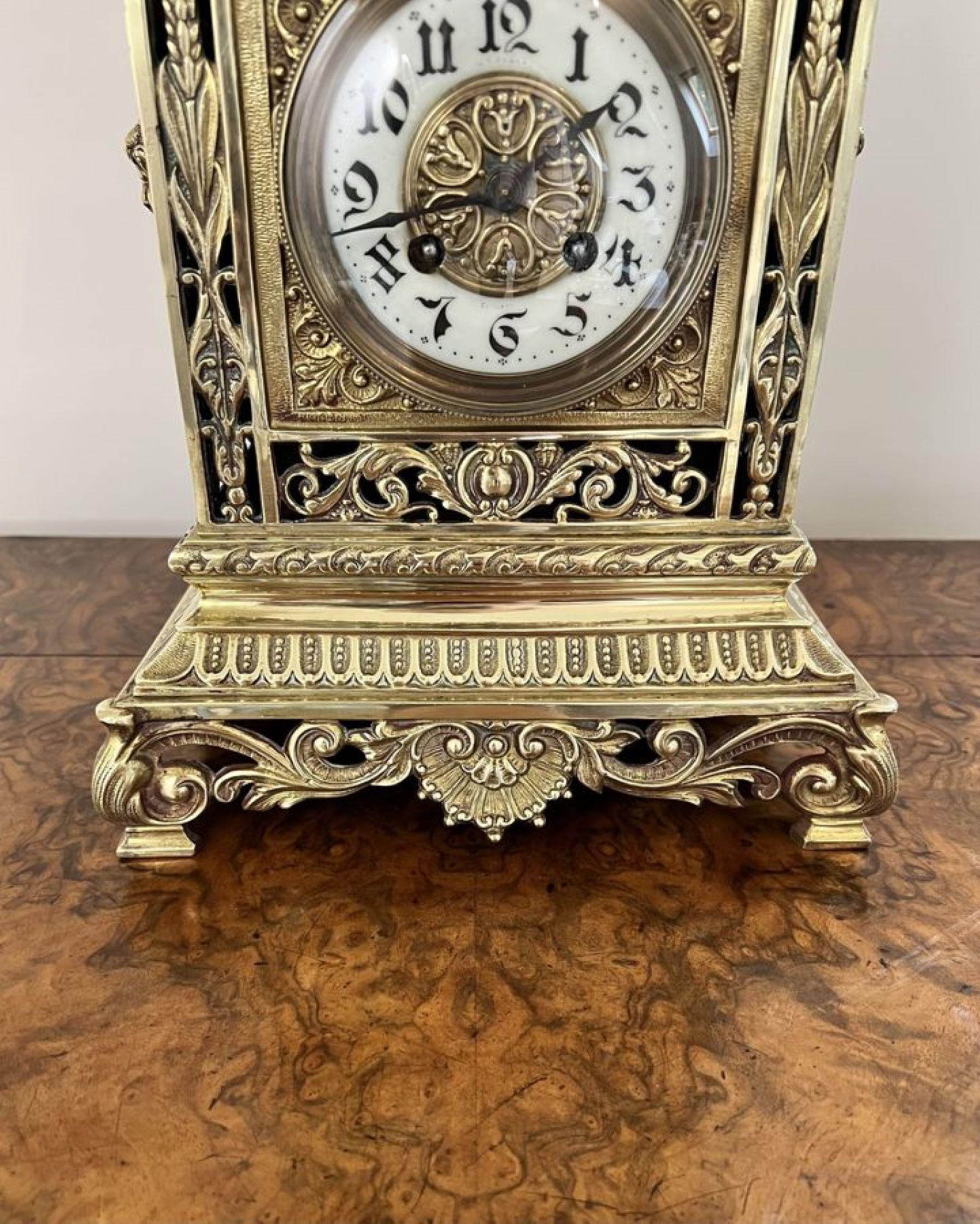 Outstanding quality large antique Victorian ornate brass mantle clock, having a fantastic ornate brass detailed case throughout, square in shape with a white enamel dial and Arabic numerals, the original hands, an eight day French movement striking