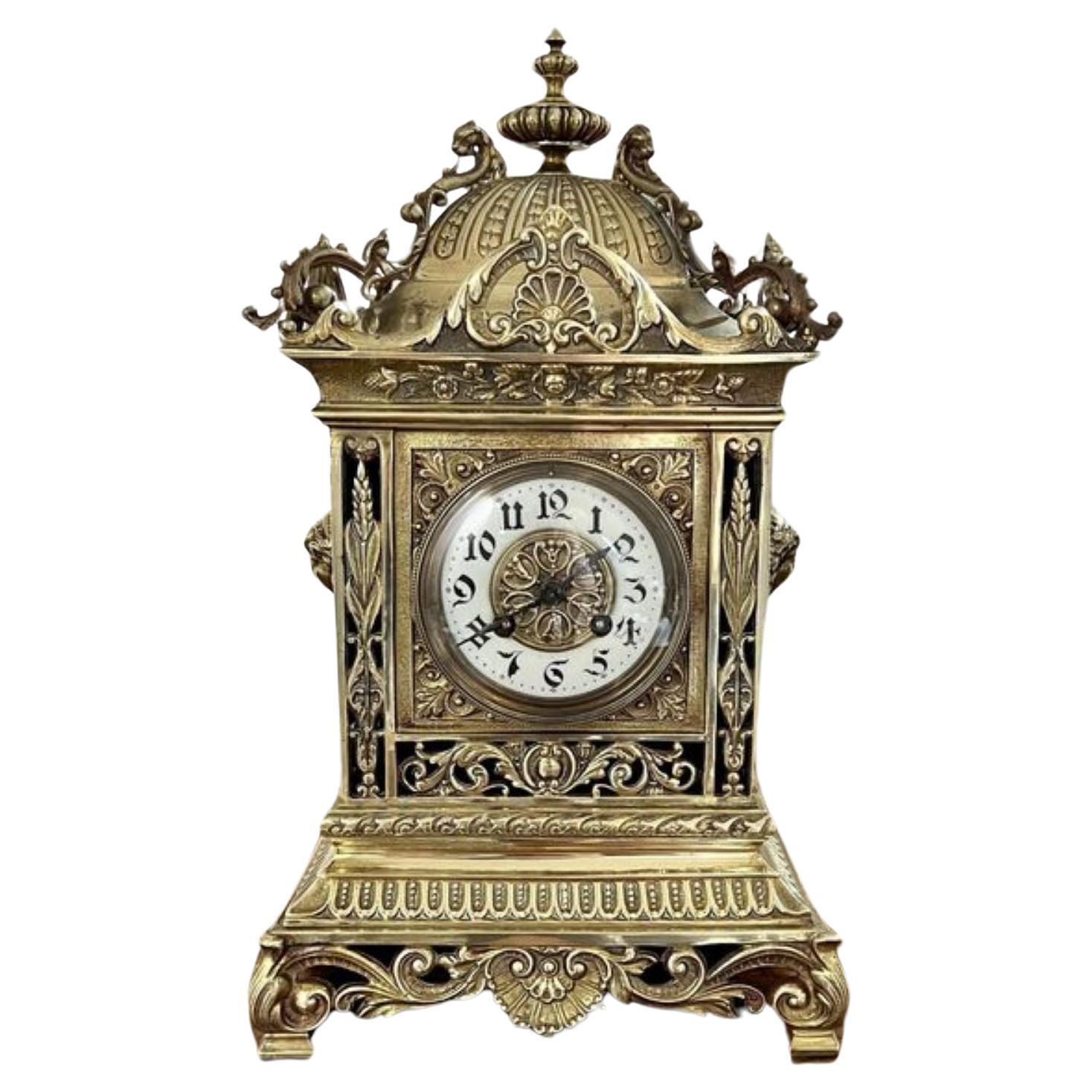 Outstanding quality large antique Victorian ornate brass mantle clock 