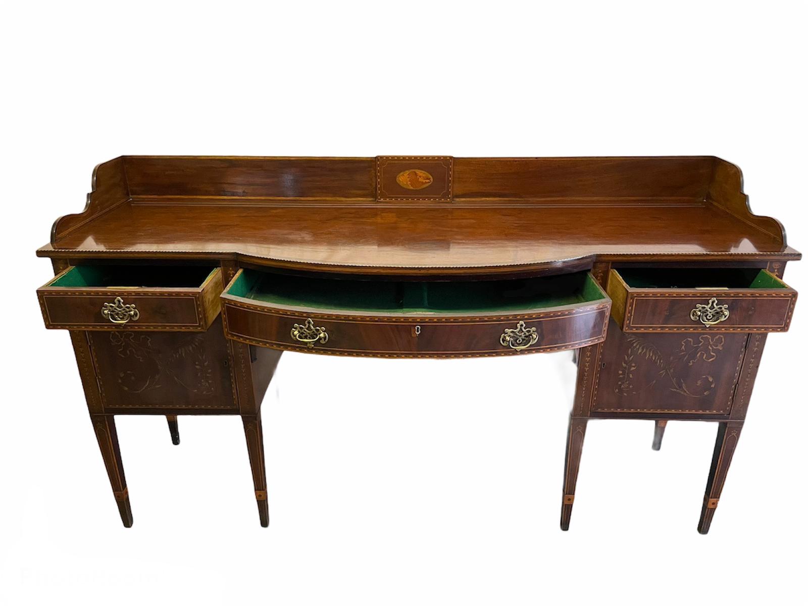 English Quality Antique Large George III Inlaid Mahogany Sideboard