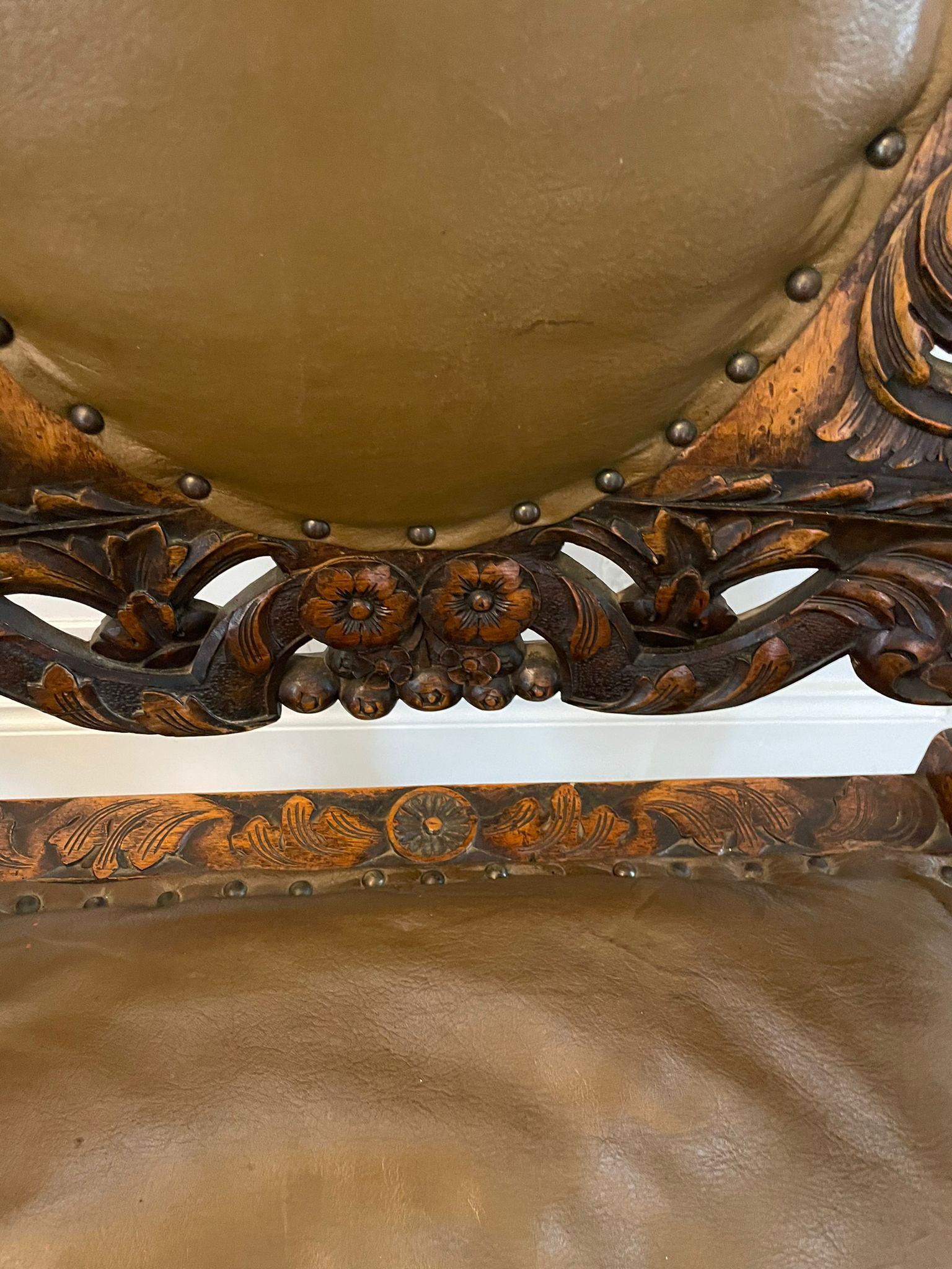 Outstanding Quality Large Pair of Antique Carved Walnut and Leather Armchairs For Sale 5
