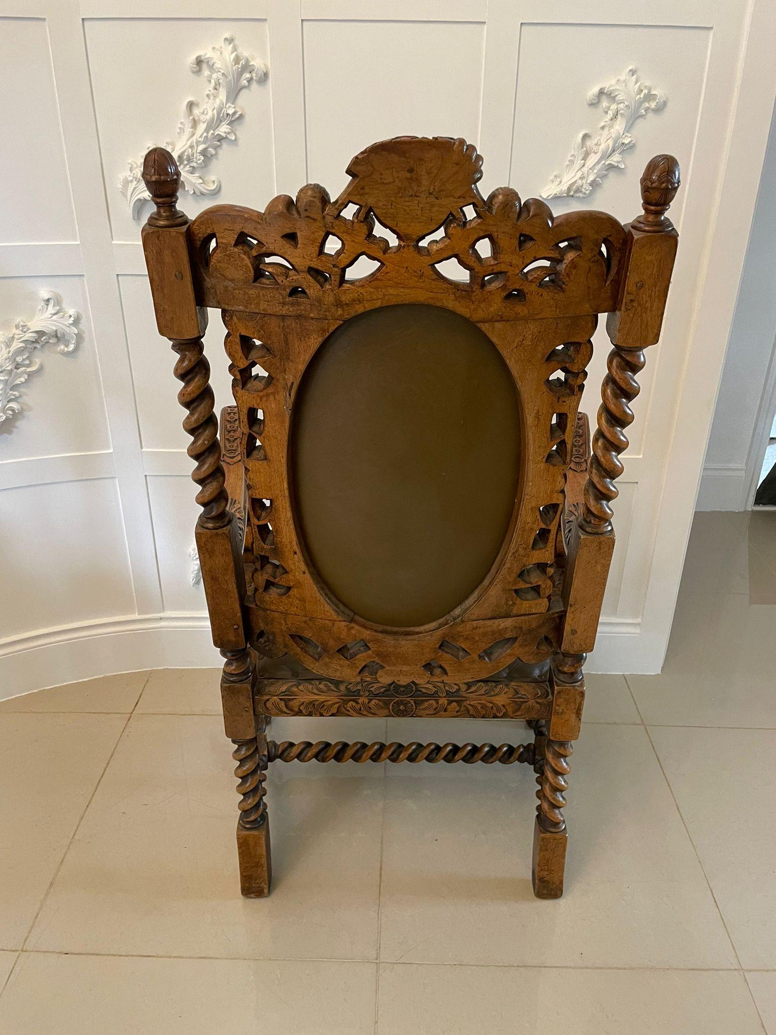 English Outstanding Quality Large Pair of Antique Carved Walnut and Leather Armchairs For Sale