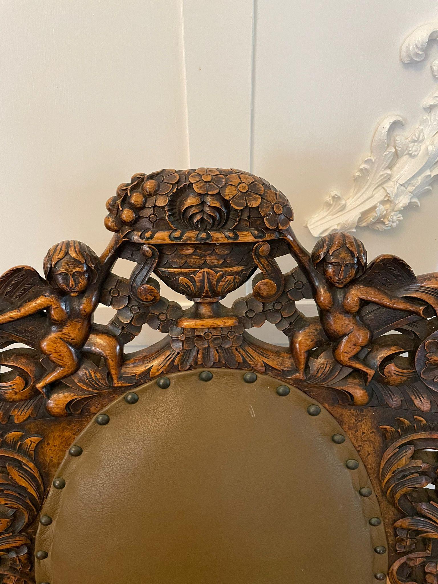 Outstanding Quality Large Pair of Antique Carved Walnut and Leather Armchairs In Good Condition For Sale In Suffolk, GB