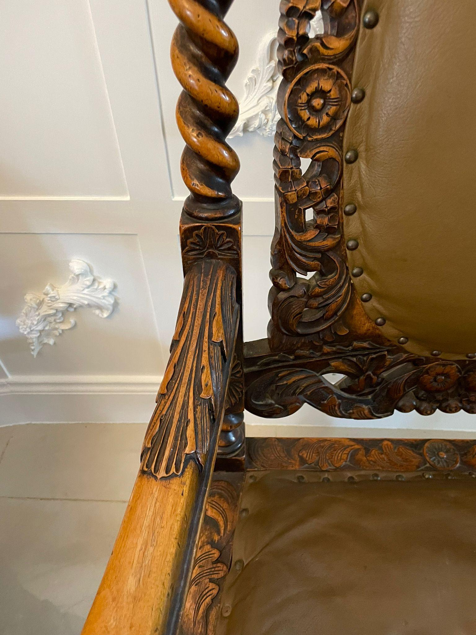 Outstanding Quality Large Pair of Antique Carved Walnut and Leather Armchairs For Sale 2