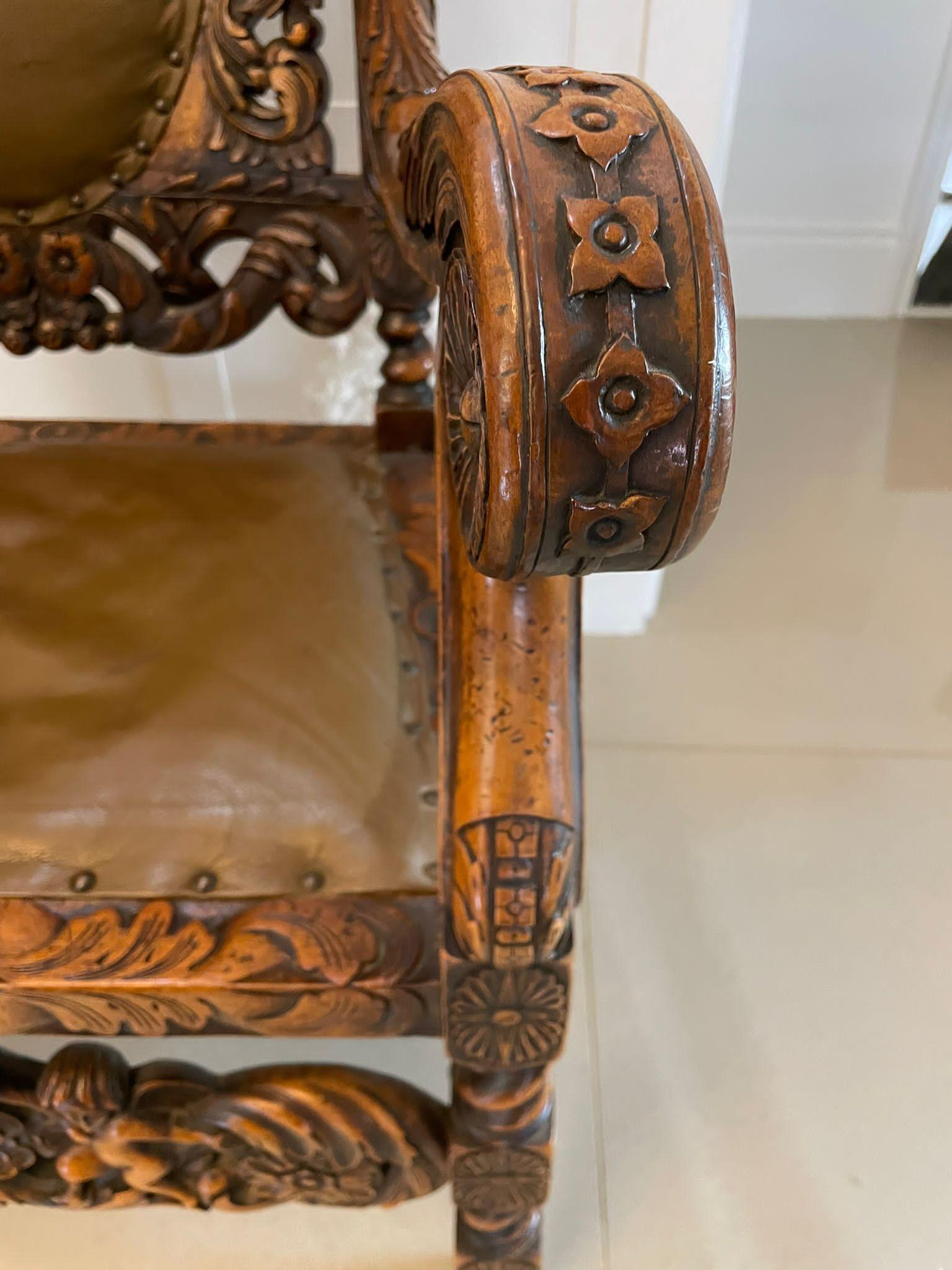 Outstanding Quality Large Pair of Antique Carved Walnut and Leather Armchairs For Sale 3