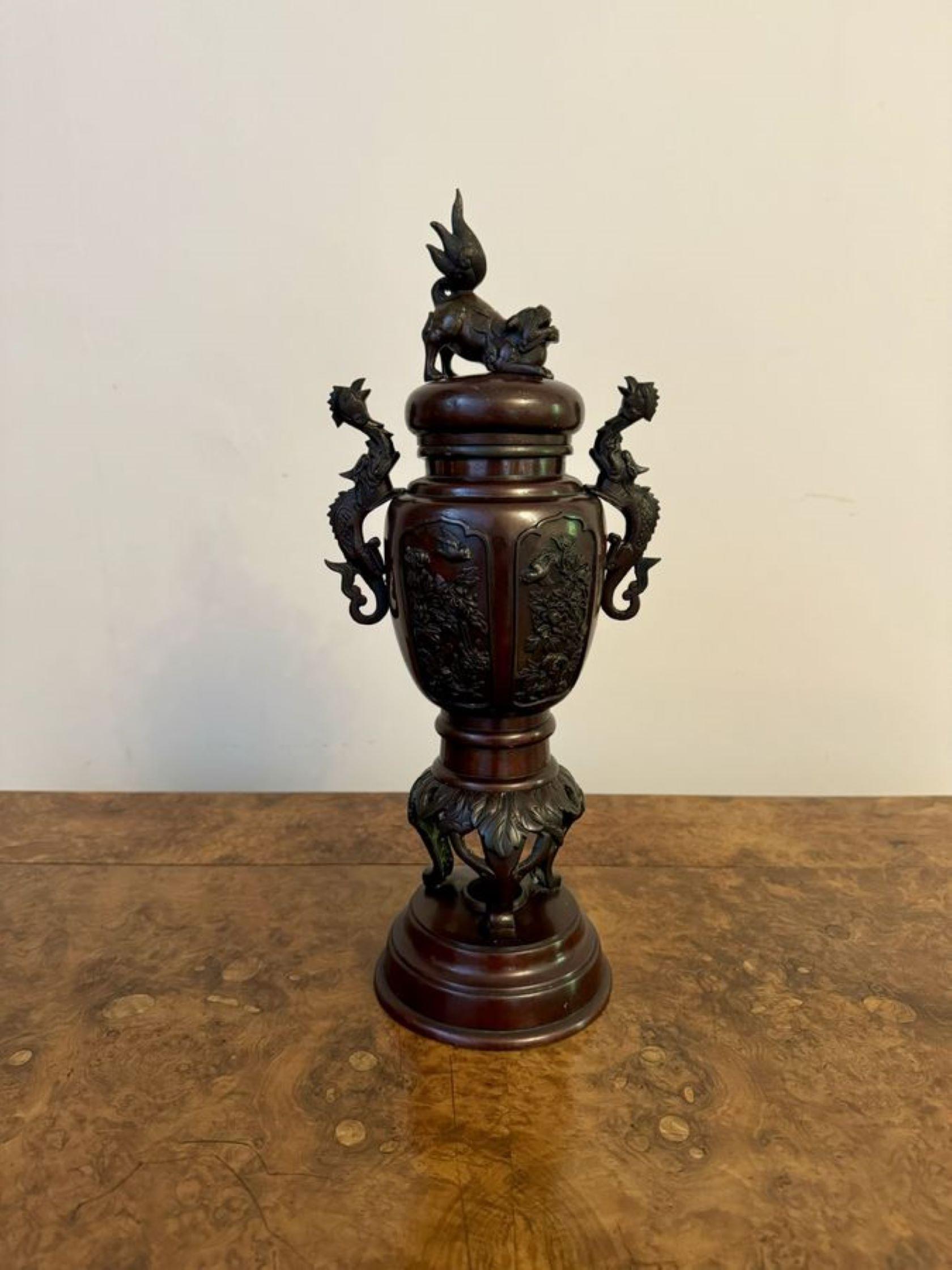 Outstanding quality pair of antique Japanese bronze lidded vases 1