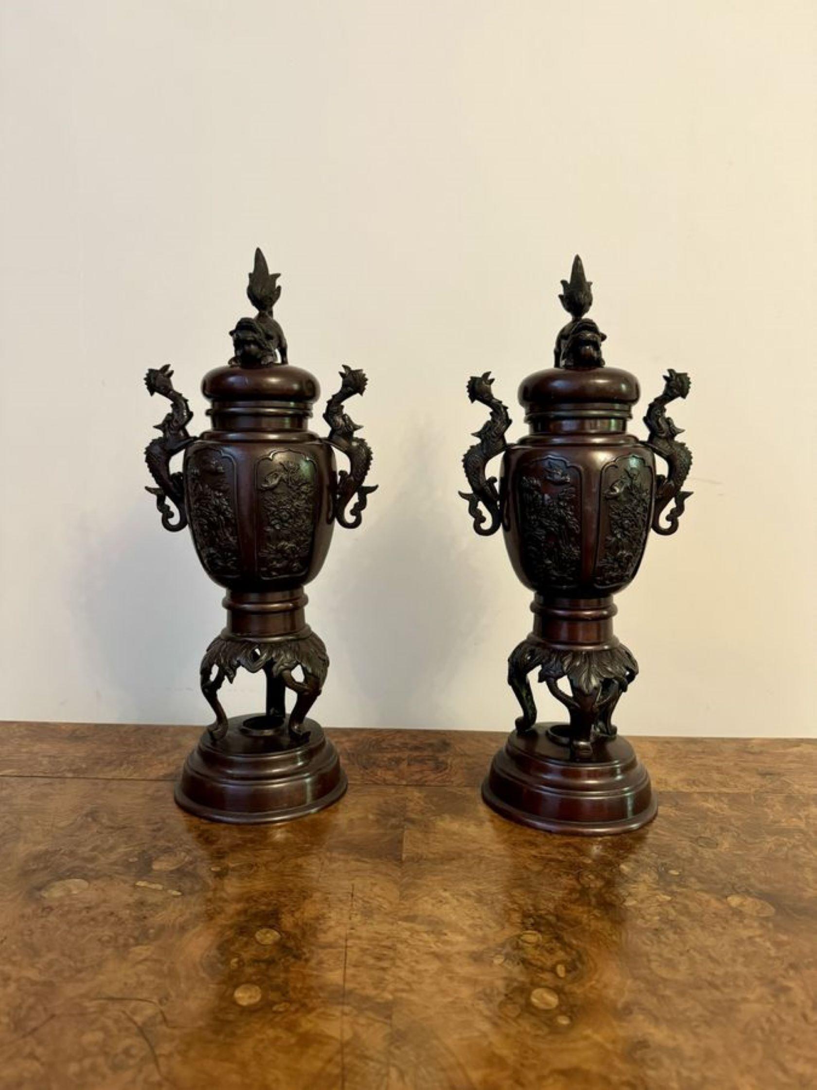 Outstanding quality pair of antique Japanese bronze lidded vases 2