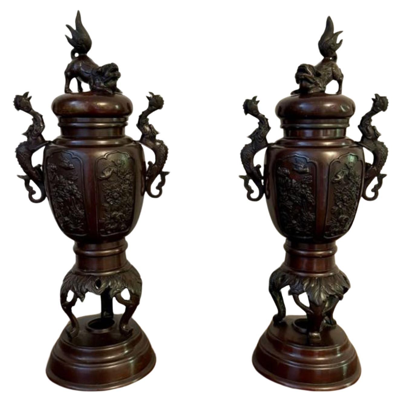 Outstanding quality pair of antique Japanese bronze lidded vases