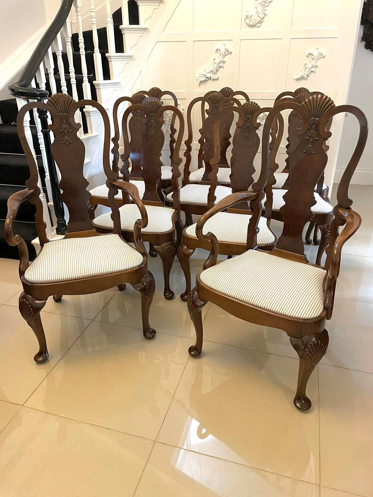 Outstanding quality set of 10 antique Victorian walnut dining chairs consisting of two carver chairs and eight single chairs having outstanding quality shaped carved walnut backs with a burr walnut shaped splat, the carver chairs having shaped open