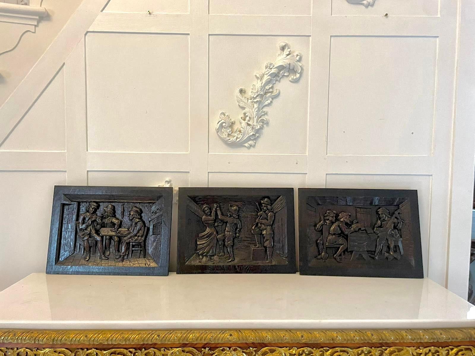 Outstanding Quality Set of 3 Antique Victorian Carved Oak Panels  For Sale 1