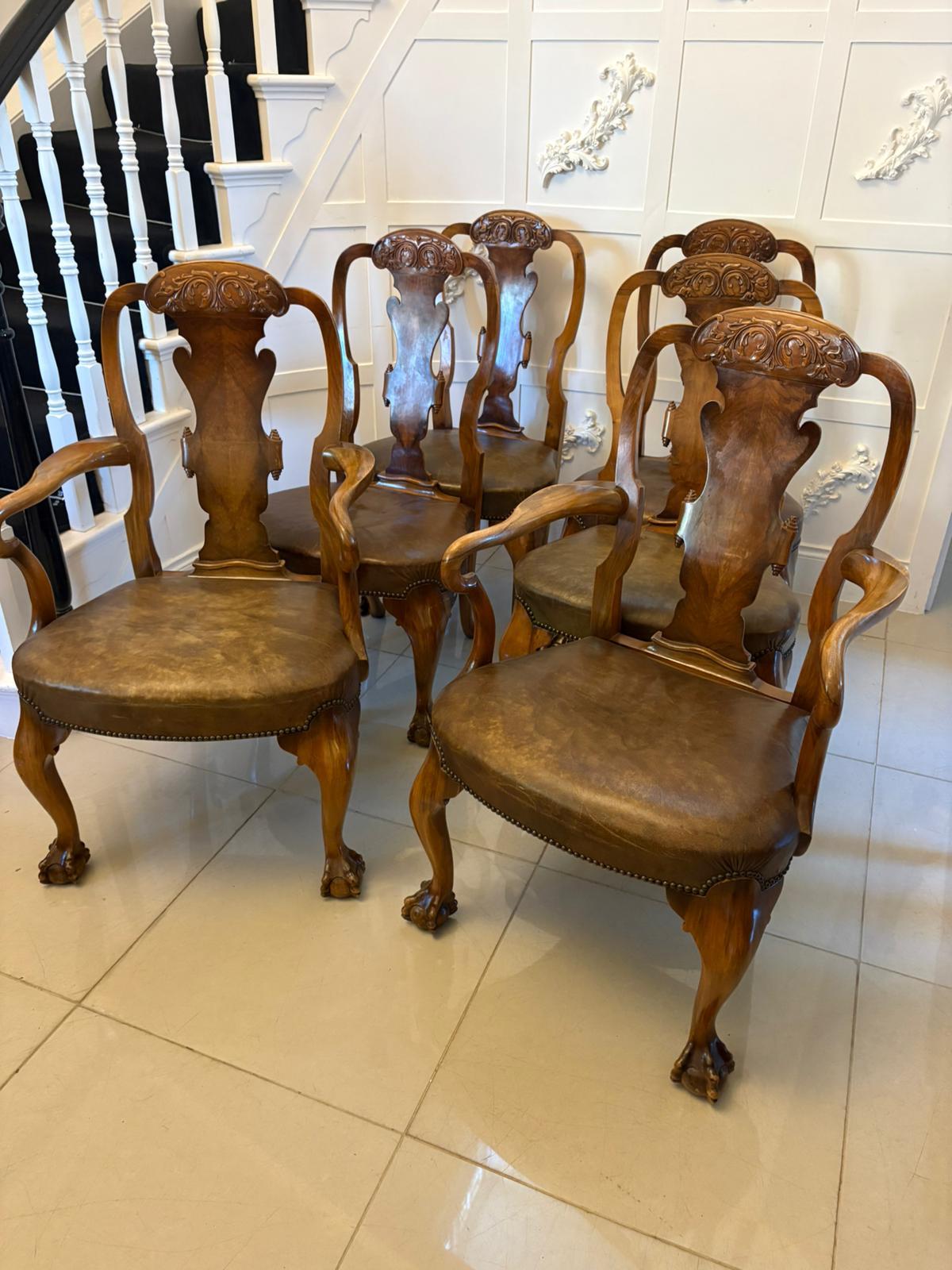 Outstanding quality set of 6 antique Victorian carved walnut dining chairs consisting of a pair of elbow chairs and 4 single chairs having marvellous quality carved walnut shape tops, fantastic shaped burr walnut centre splats, elbow chairs having