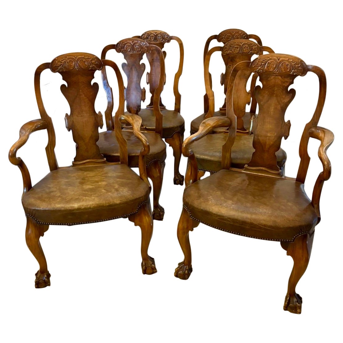 Outstanding Quality Set of 6 Antique Victorian Carved Walnut Dining Chairs
